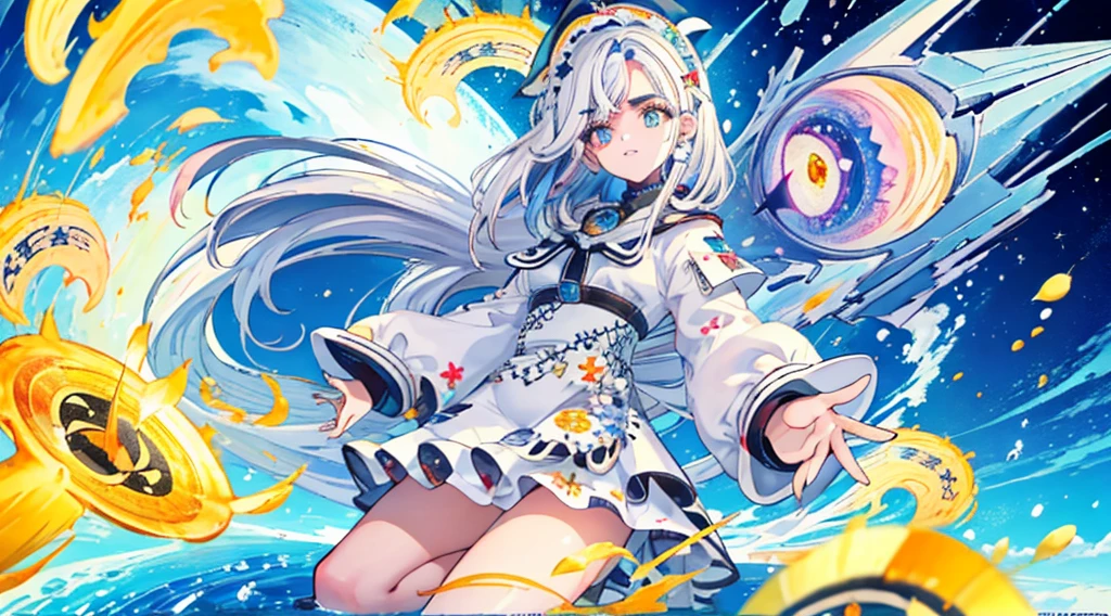 Little、cute、Perfect Anatomy、Ultra-high resolution、Best aesthetics、Top quality foot depiction、Anime Style、Flat avatar、Milky white hair color、Long Straight Hair、Sitting with her legs stretched out、Inside a circular shape、Simple Background、Orange and cyan gothic lolita outfit、