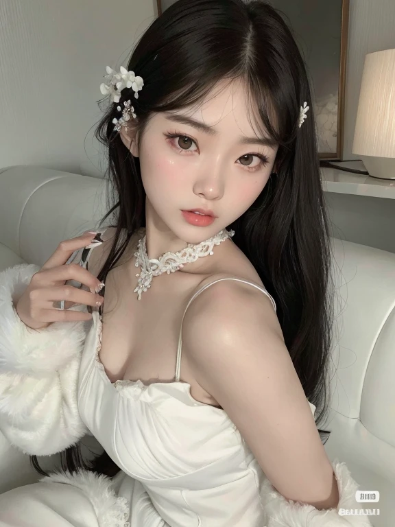 Asian woman wearing a white dress sitting on a sofa, ulzzang, jennie rosa negro, Jinyoung Shin, pale milky white porcelain skin, hermosa joven coreana, hermosa joven coreana, muchacha coreana, hermosa mujer surcoreana, Lalisa Manobal, shikami, chica joven y linda, pale porcelain white skin, pale, snow-white skin
