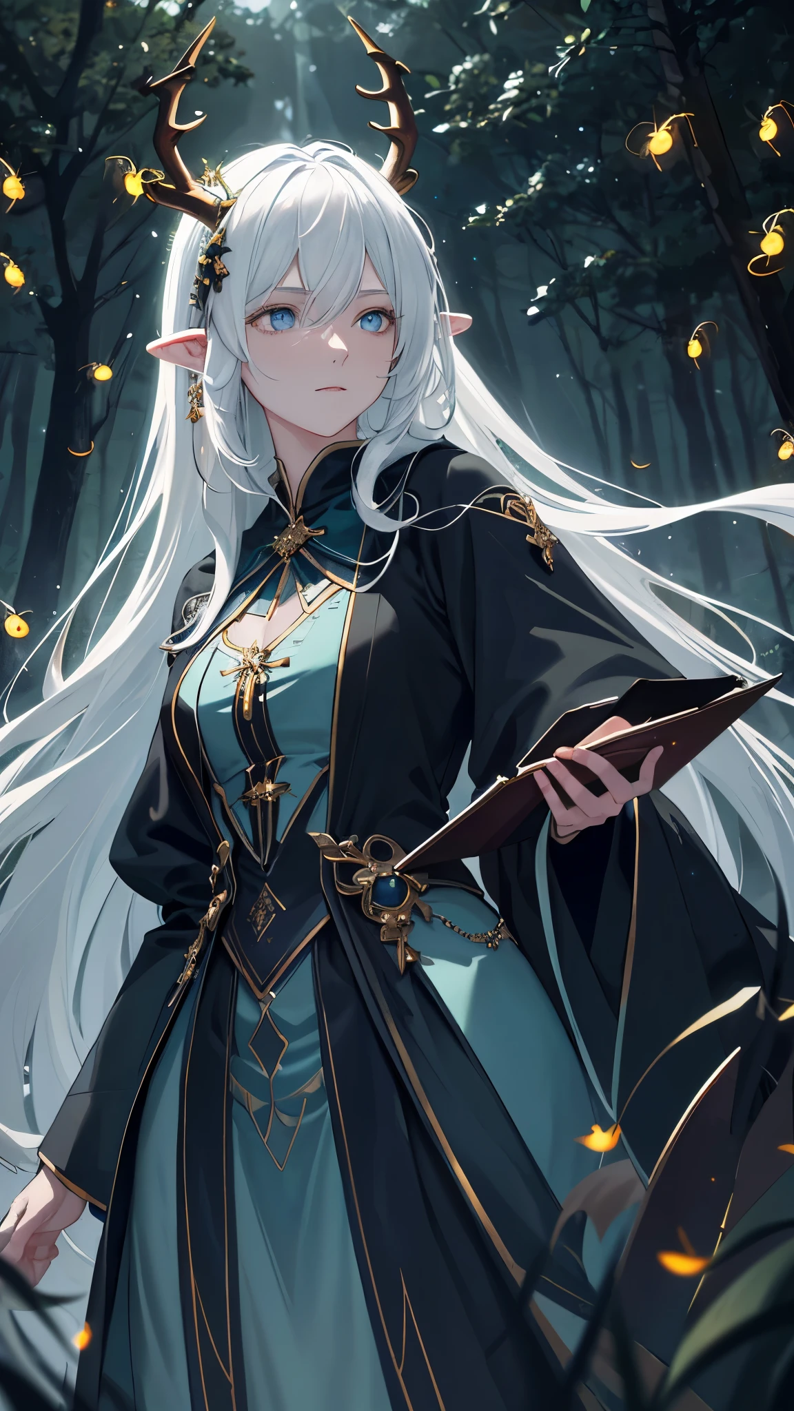 Masterpiece, Best Quality, High Quality, (Long Hair, White Hair), (glowing light blue eyes), (Darkness:1.2), (Fair Skin), (1Lady, Mythical Creatures, Dark Green Robe) , Solo, Calm, Deer horns, (dynamic angle), pointy_ears, magic book, Nature, Fantasy, Abstraction, Deep Forest, Dark Forest, Award-winning photography, Depth of field, HDR, Very detailed, Trending in art stations, Trending in CGsociety, Complex, High detail,(Masterpiece:1.2, Best Quality), (Best Lighting, Very Delicate and Beautiful), (Best Lighting, Very Delicate and Beautiful), (Beautiful Detailed Face), (Detailed Eyes and Detailed Face:1.2), Dark Fantasy, (depth of field),high contrast, (darkness night:1.4), (fireflies:1.4), Magnificent Dark Forest, Night