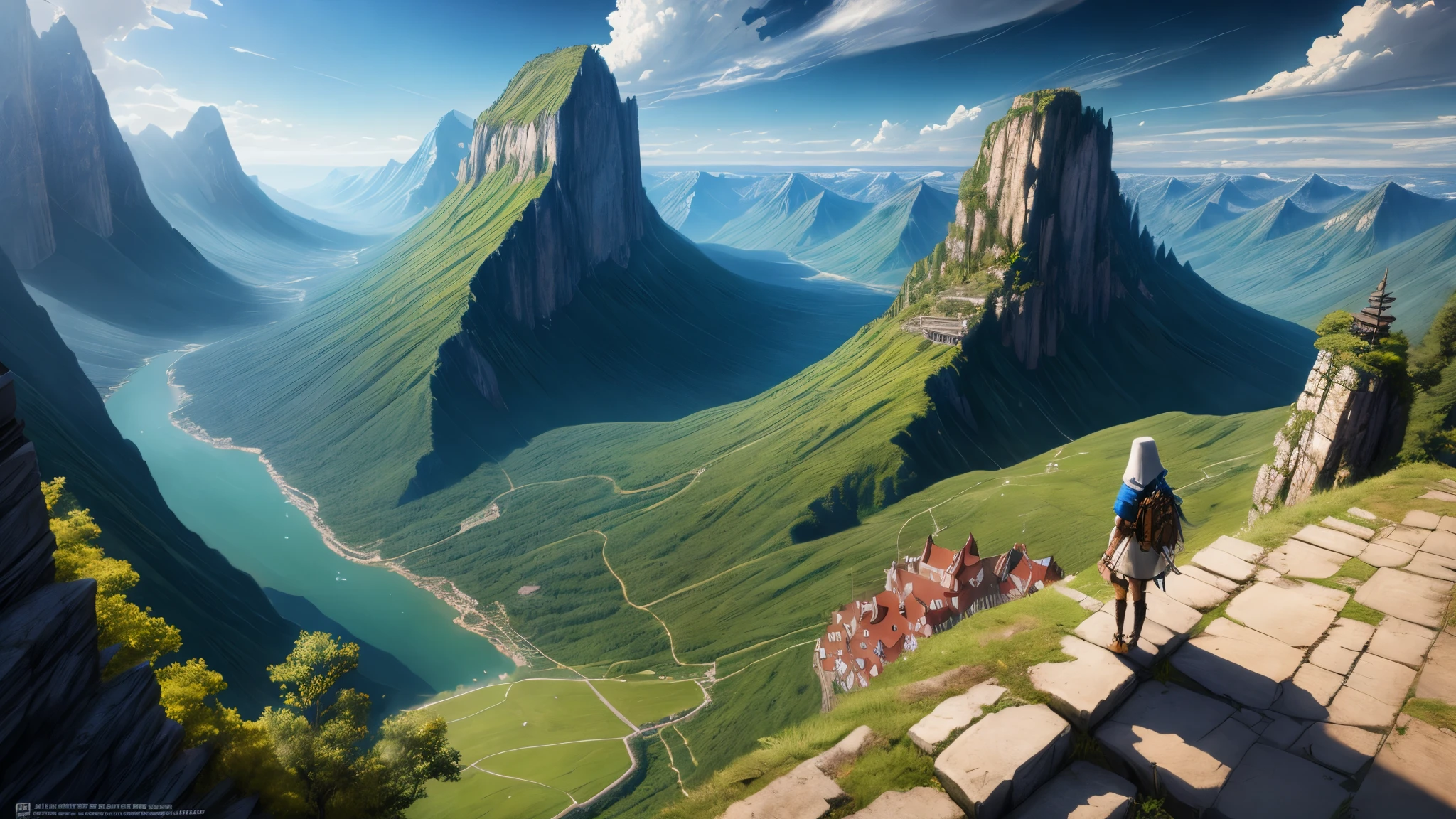 masterpiece, best quality, ultra-detailed, illustration, 2girls,fantasy, RPG, heroine, outdoors, epic, dramatic, dynamic, magic, shadow, impact, realism, naturalistic, video game culture, anime, manga, Japanese, RPG tropes, character design, animation, special effects, composition, scale, high ground, background, perspective, light, light shafts, sunrays, color, texture, detail, beauty, wonder, cinemascope, scenery, panorama, aerial view, mountain