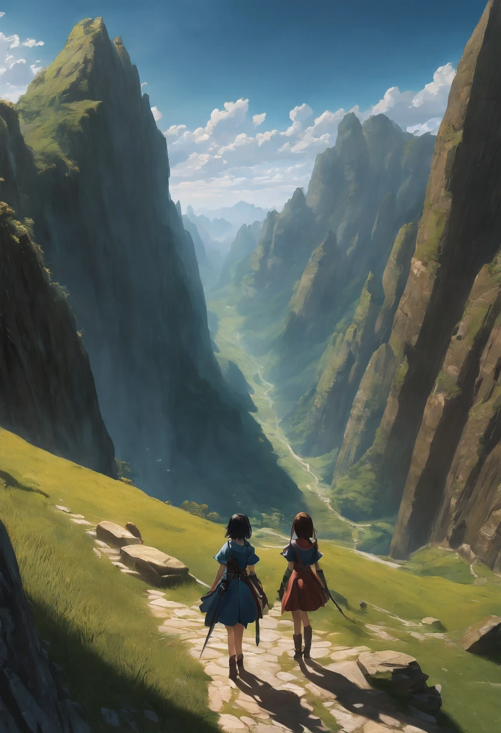 masterpiece, best quality, ultra-detailed, illustration, 2girls,fantasy, RPG, heroine, outdoors, epic, dramatic, dynamic, magic, shadow, impact, realism, naturalistic, video game culture, anime, manga, Japanese, RPG tropes, character design, animation, special effects, composition, scale, high ground, background, perspective, light, light shafts, sunrays, color, texture, detail, beauty, wonder, cinemascope, scenery, panorama, aerial view, mountain
