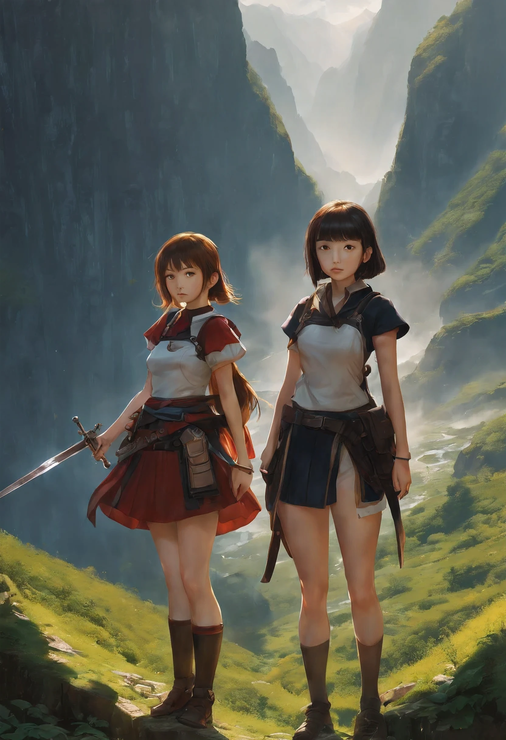 masterpiece, best quality, ultra-detailed, illustration, 2girls,fantasy, RPG, heroine, outdoors, epic, dramatic, dynamic, magic, shadow, impact, realism, naturalistic, video game culture, anime, manga, Japanese, RPG tropes, character design, animation, special effects, composition, scale, high ground, background, perspective, light, light shafts, sunrays, color, texture, detail, beauty, wonder, cinemascope, scenery, panorama, aerial view, mountain 