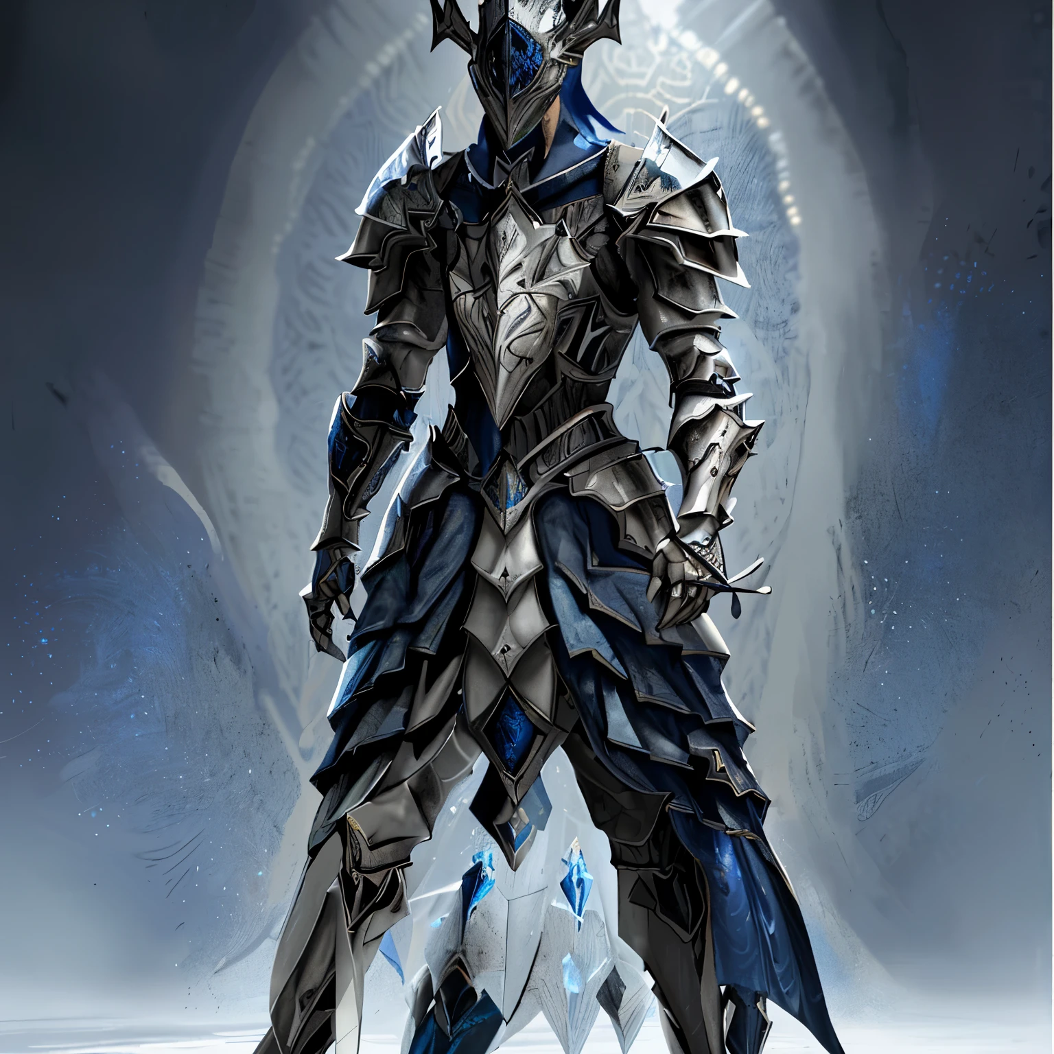 um close up de uma pessoa em armadura com uma espada, armadura de cor prata azul e gelo, dressed in armadura leve, dressed in ethereal armor, armadura refletida cor de gelo lascada, dressed in ethereal battle armor, pale black armor, armadura leve, conceito de armadura de alma escura, armadura de fantasia, armadura azul clara, Armadura Conceitual, Armadura feita de gelo, armadura de cristal de gelo