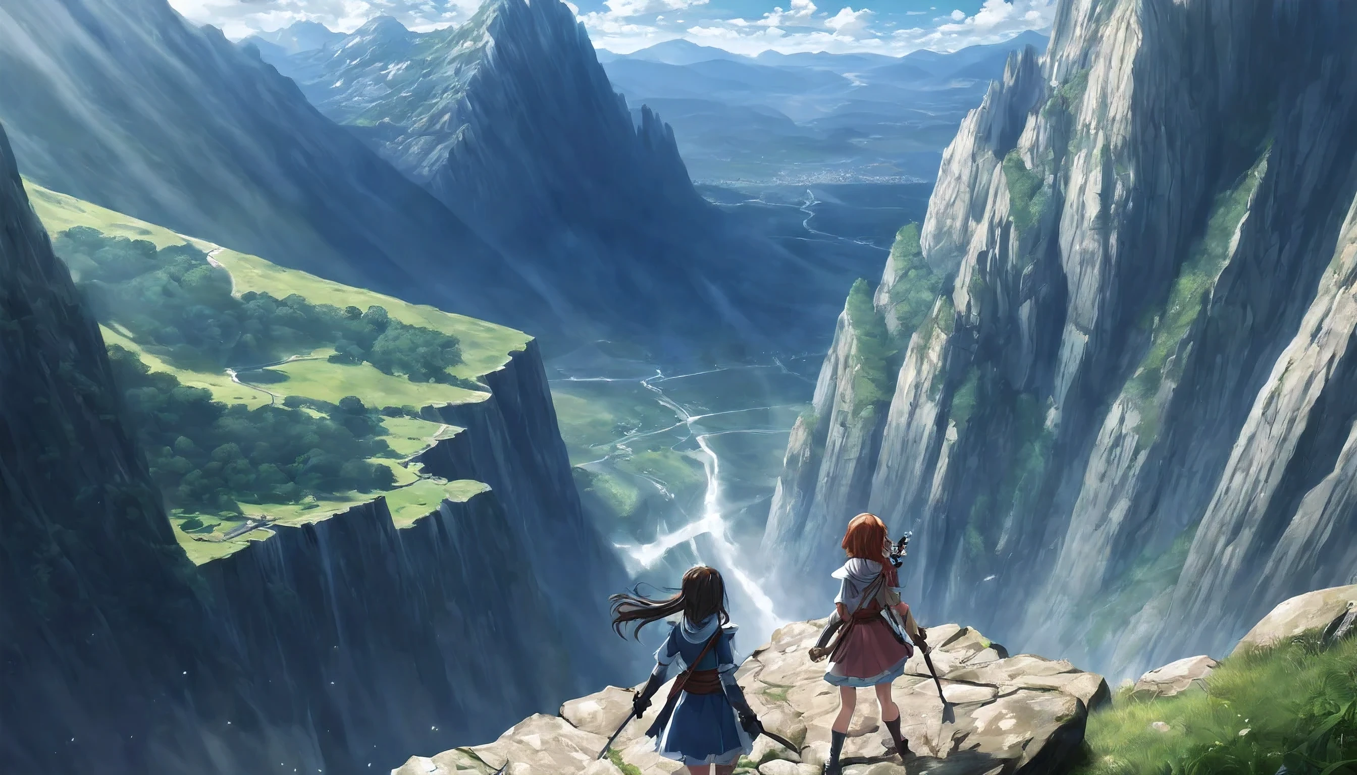 masterpiece, best quality, ultra-detailed, illustration, 2girls,fantasy, RPG, heroine, outdoors, epic, dramatic, dynamic, magic, shadow, impact, realism, naturalistic, video game culture, anime, manga, Japanese, RPG tropes, character design, animation, special effects, composition, scale, high ground, background, perspective, light, light shafts, sunrays, color, texture, detail, beauty, wonder, cinemascope, scenery, panorama, aerial view, mountain