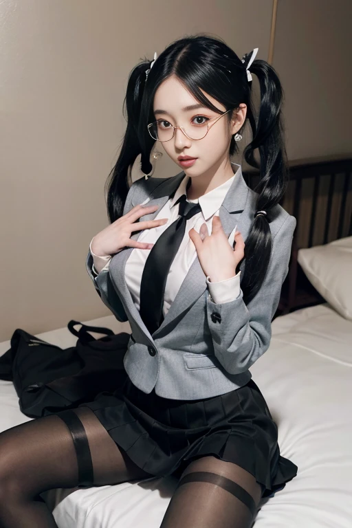 8K RAW photo, high resolution, ful body,  cool Korean, big round breasts, school uniform, tie, tie ribbon, blazer, skirt, beautiful eyes in detail, long eyelashes, beautiful double eyelids, eye shadow, slit eyes, sanpaku eyes, dark eye makeup, wide smile, beautiful thin legs, ((black pantyhose)), black hair, ((long twintails hair:1.3)), round, earrings, bed, geek glasses, lying, condom in moutch, show panties, spread legs, black panties, dark brown leather school shoes, legs, feets, ((hands on chest:1.3)), 