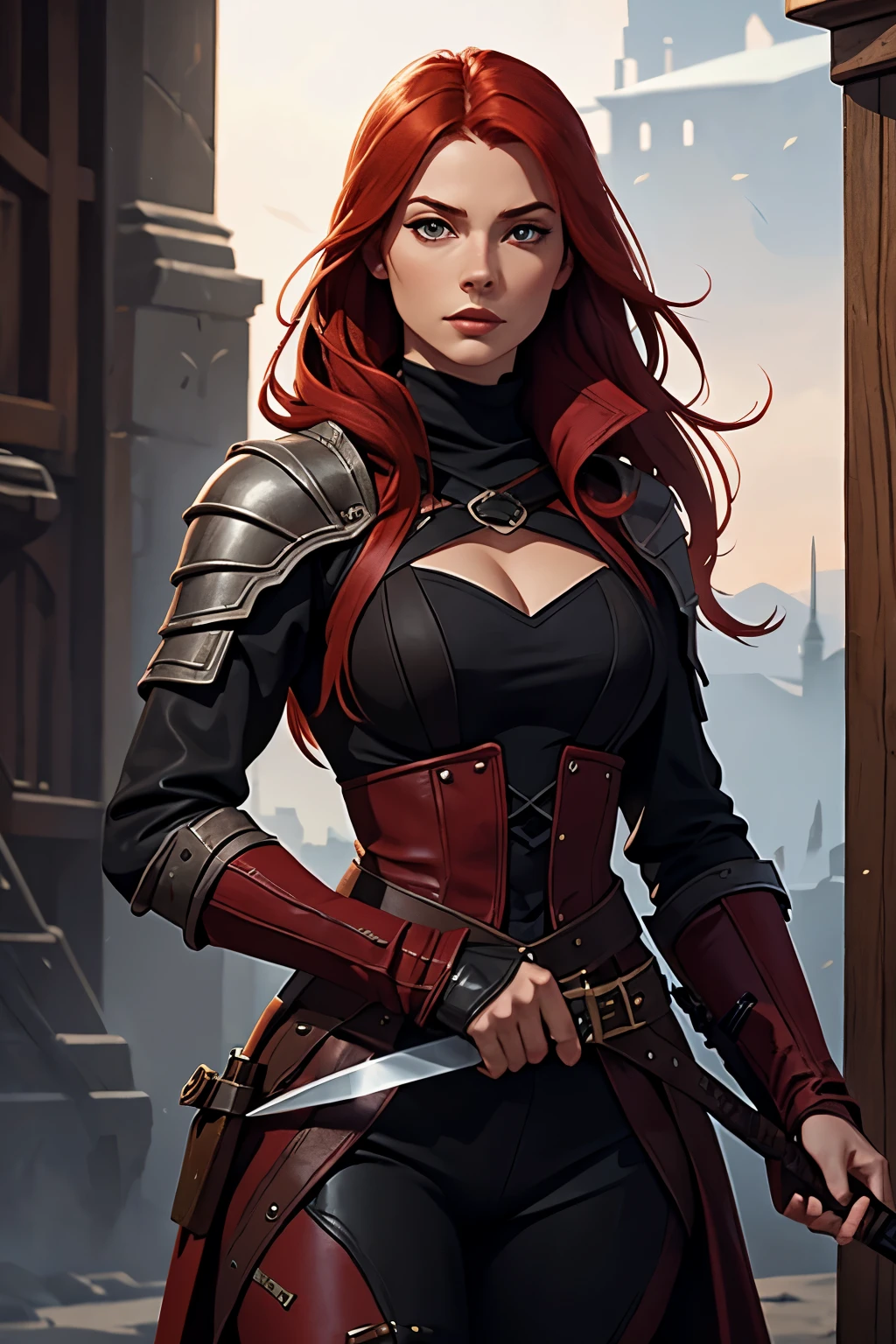 FANTASY BOOK COVER - red haired woman, wearing black leather assassin gear, wielding two beautiful daggers, in a white kingdom