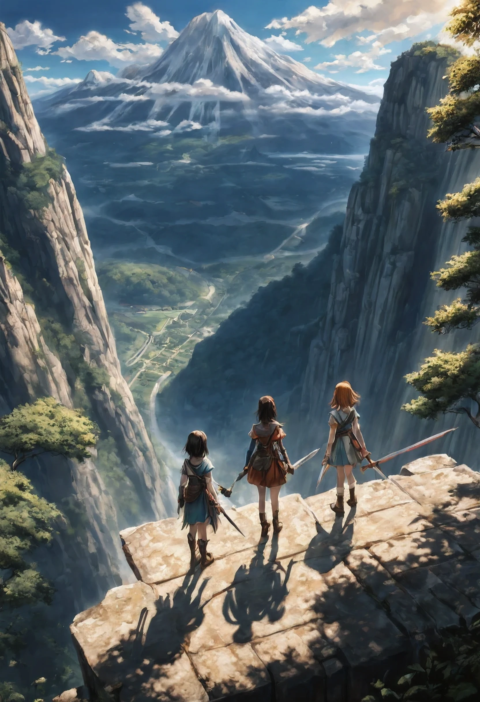 masterpiece, best quality, ultra-detailed, illustration, 2girls,fantasy, RPG, heroine, outdoors, epic, dramatic, dynamic, magic, shadow, impact, realism, naturalistic, video game culture, anime, manga, Japanese, RPG tropes, character design, animation, special effects, composition, scale, high ground, background, perspective, light, light shafts, sunrays, color, texture, detail, beauty, wonder, cinemascope, scenery, panorama, aerial view, mountain 