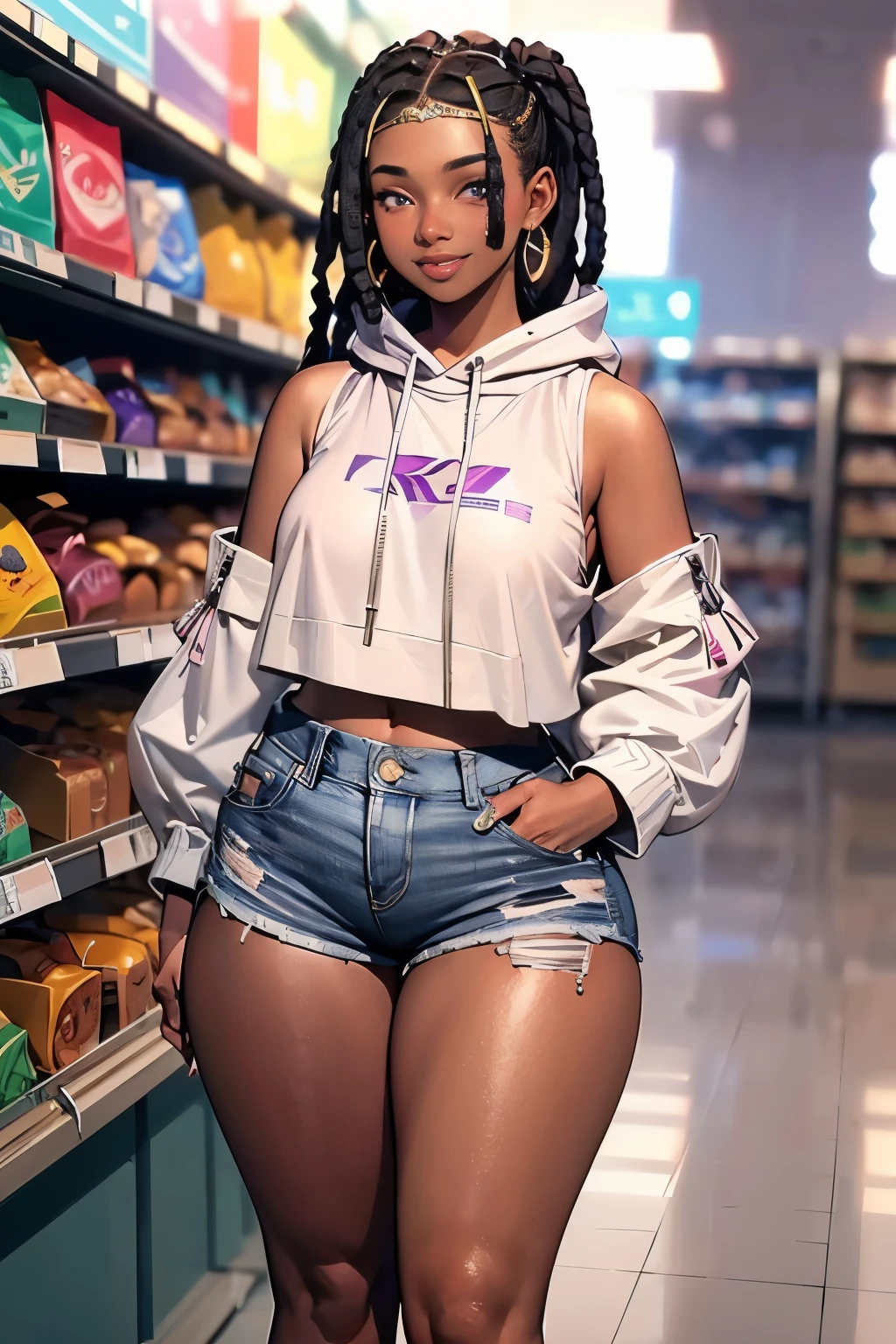 1girl, official anime art illustration, (long ((violet)) dreadlocks), violet eyes, rounded nose, cat eye makeup, ((tall plump dark-skinned older Caribbean woman inside bakery next to fresh pastries)), small breasts, (wearing watermelon motif cropped hoodie), tattoo above navel, golden armlets and bracelets, dark ripped skinny jean shorts, plump thighs, excited expression, holding coffee in hand, perfectly photorealistic, incredibly detailed, 8k, UHD, masterpiece, best quality, ultra detailed, intricate,