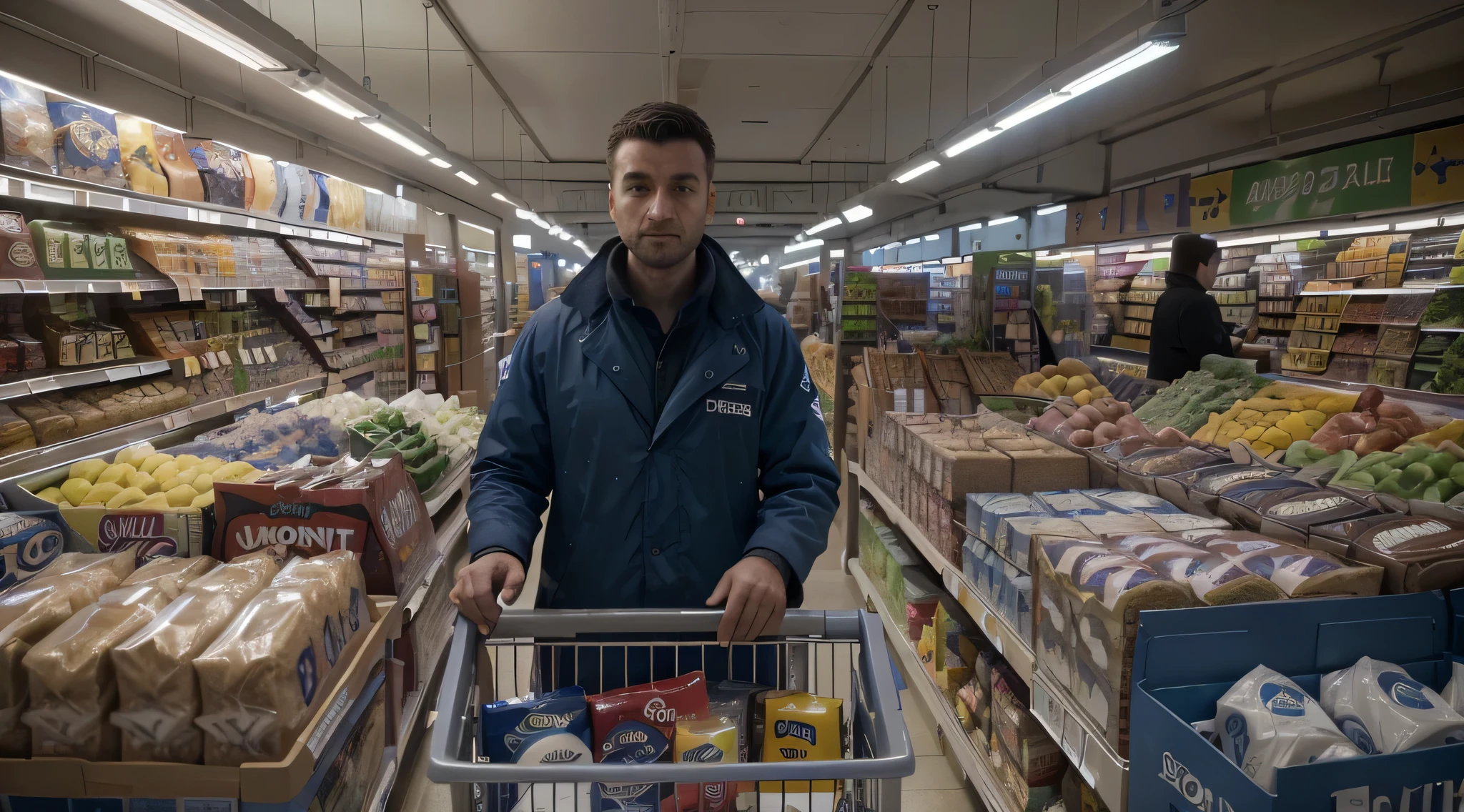 (high quality), (best quality), (realistic), (dark lights), (blue lights), (cinematic lights), (perfect eyes), (sharp face), In the supermarket, there's a lot of people at the checkout, the people are sad, the mood is very sad, in the background are shelving, HDR, 8k UHD, (volumetric fog), (deep view), 35mm, (Sony)