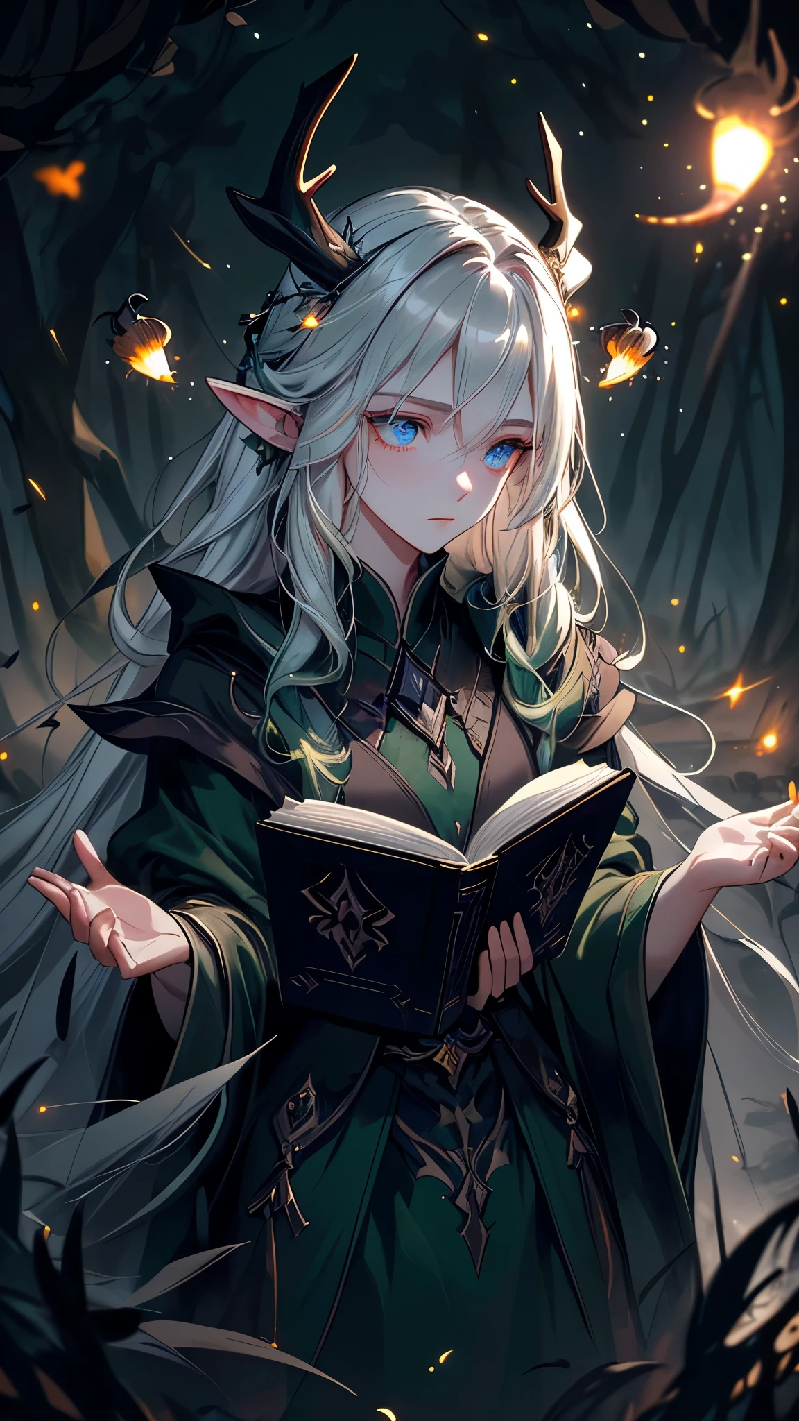 Masterpiece, Best Quality, High Quality, (Long Hair, White Hair), Close up, (glowing light blue eyes), (Darkness:1.2), (Fair Skin), (1Lady, Mythical Creatures, Dark Green Robe) , Solo, Calm, Antlers Deer Horns, (dynamic angle), pointy_ears, magic book, Nature, Fantasy, Abstraction, Deep Forest, Dark Forest, Award-winning photography, Depth of field, HDR, Very detailed, Trending in art stations, Trending in CGsociety, Complex, High detail,(Masterpiece:1.2, Best Quality), (Best Lighting, Very Delicate and Beautiful), (Best Lighting, Very Delicate and Beautiful), (Beautiful Detailed Face), (Detailed Eyes and Detailed Face:1.2), Dark Fantasy,  (depth of field),high contrast, (darkness night:1.4), (fireflies:1.4), Magnificent Dark Forest, Night