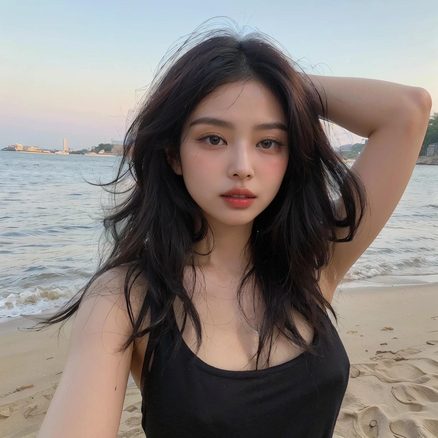 um close de uma mulher com uma blusa preta na praia, beautiful Asian girl, beautiful south mulher coreana, asian features, gorgeous young mulher coreana, Menina coreana, beautiful asian woman, beautiful young mulher coreana, an Asian woman, Asian beautiful face, Asian girl, a young Asian woman, young cute wan asian face, mulher coreana, beautiful young asian, asian face