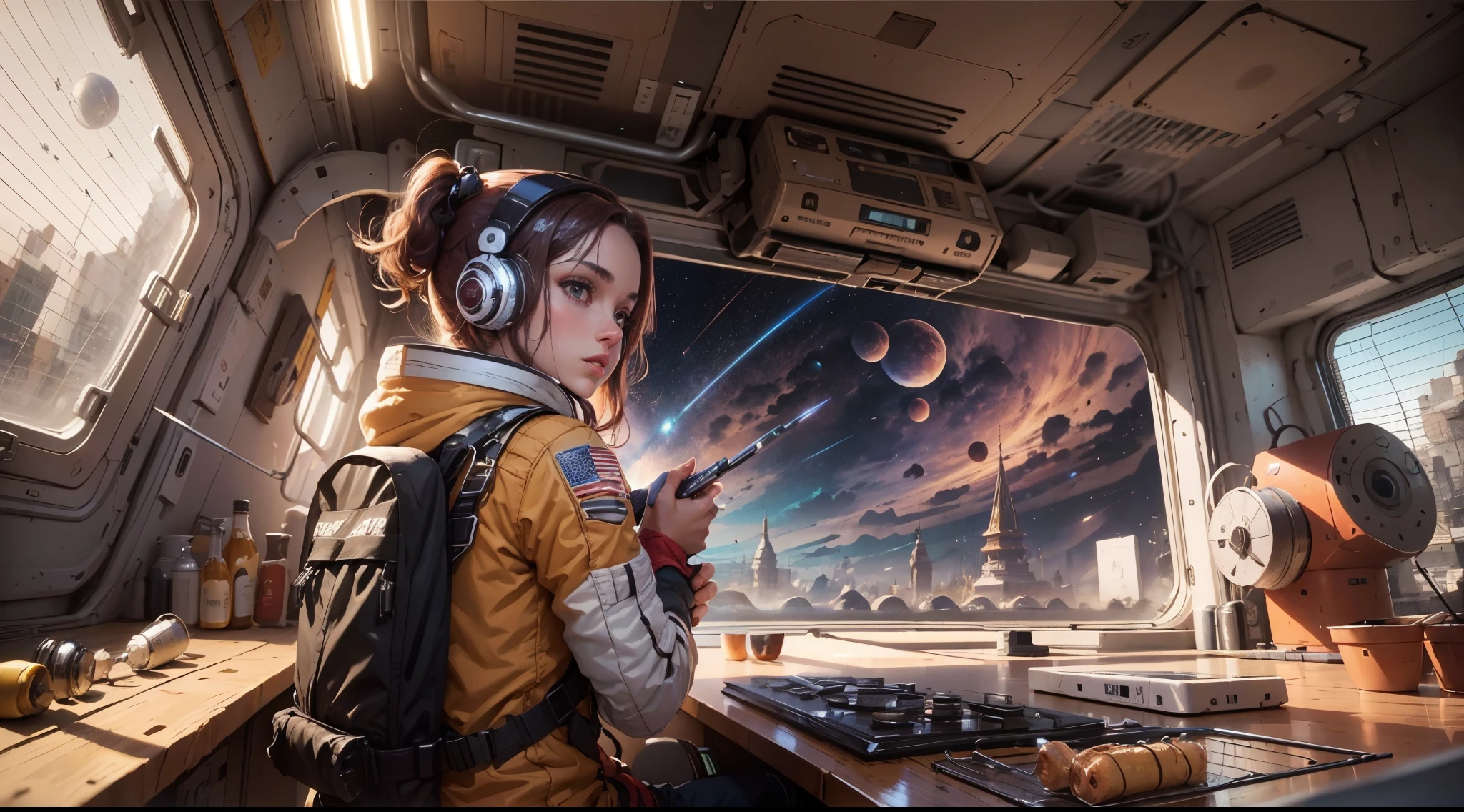 ((obra-prima)), (melhor qualidade)), 8k, alto detalhe, hiper-detalhe, The painting depicts a scene of breathtaking magnificent spatial imagery. A imagem mostra uma mulher vestindo um traje espacial, rear facing, Looking at a bright red planet in space. Scenes are extremely detailed and the clarity is extraordinary, capturando cada detalhe intrincado do panorama.