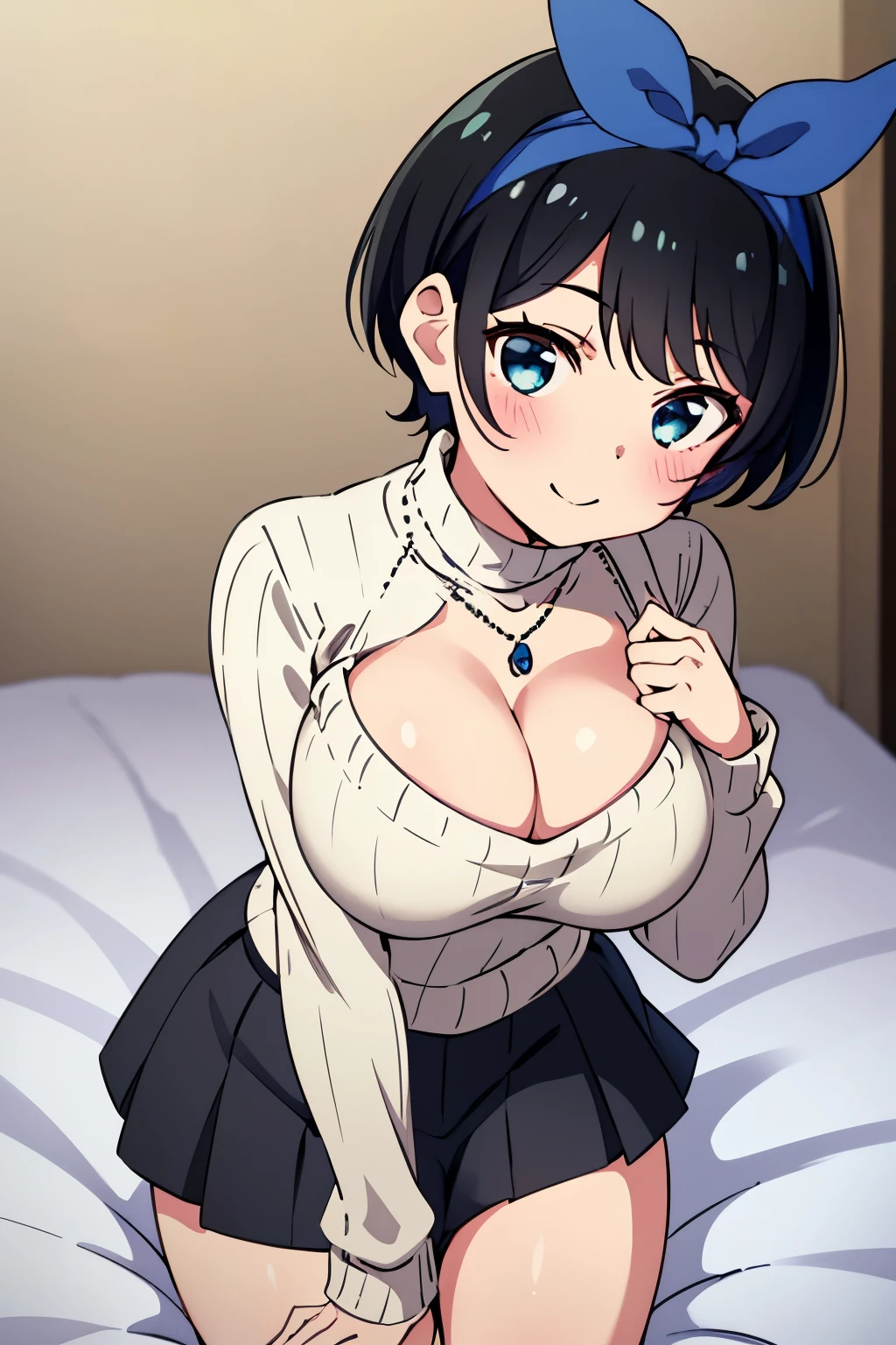 Main piece、high quality、High resolution、1 girl,single, Ruka Sarashina、jewelry、skirt、sweater that exposes the chest、necklace、黒のskirt、black hairの女性、short hair、black hair,beige ribbed sweater、socks、sweater with turtleneck、turtleneck、white socks, blue eyes, long sleeve, skirtプリーツ黒, bow, bow, blue hair band, bangs, big full breast, cleavage, Medium waist, medium hips, wide thighs, Cowboy photos, smile, fascinating, embarrassing, hotel room, At the bed, on all fours , looking at the viewer,throw(From above),very big breasts、cleavage、no bra、no panties、no panties