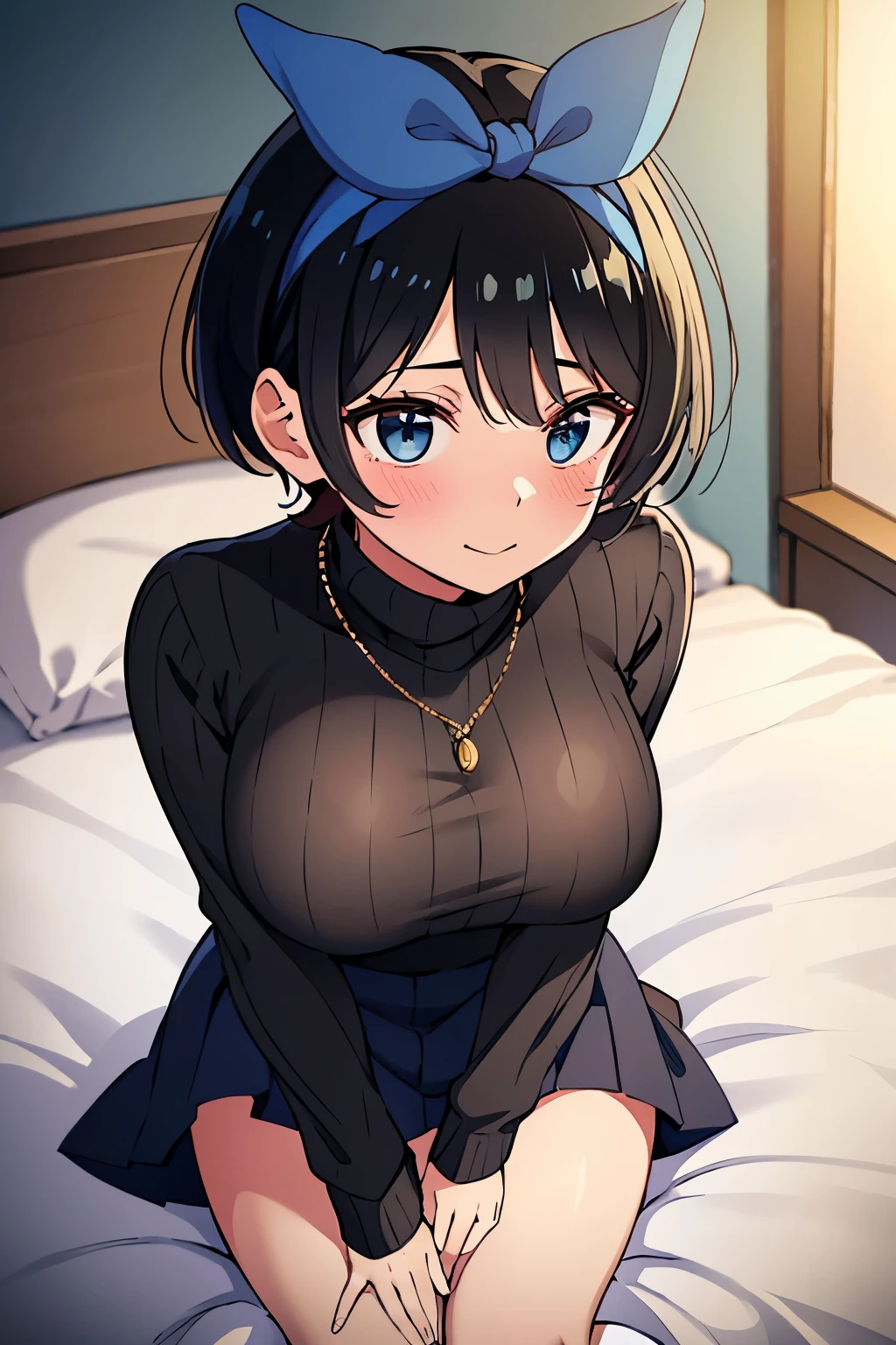 Main piece、high quality、High resolution、1 girl,single, Ruka Sarashina、jewelry、skirt、sweater that exposes the chest、necklace、黒のskirt、black hairの女性、short hair、black hair,beige ribbed sweater、socks、sweater with turtleneck、turtleneck、white socks, blue eyes, long sleeve, skirtプリーツ黒, bow, bow, blue hair band, bangs, big full breast, cleavage, Medium waist, medium hips, wide thighs, Cowboy photos, smile, fascinating, embarrassing, hotel room, At the bed, on all fours , looking at the viewer,throw(From above),very big breasts、cleavage、no bra、no panties、no panties