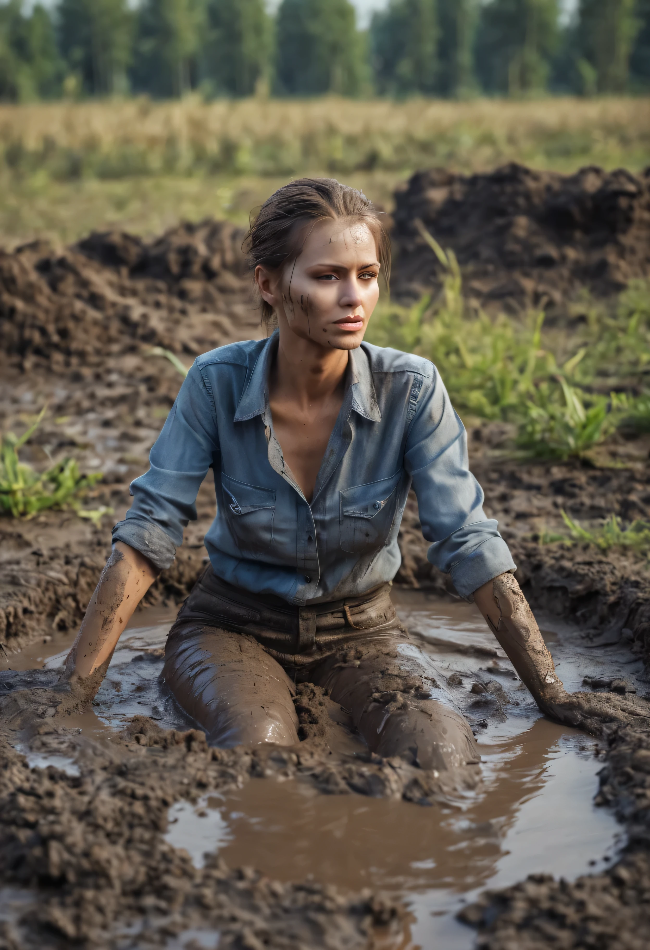 shameful fetish atmosphere,woman takes a mud bath,Jeans,covered with mud,expression of despair,blouse,драматическое освещение,соблазняет,навязчивый взгляд