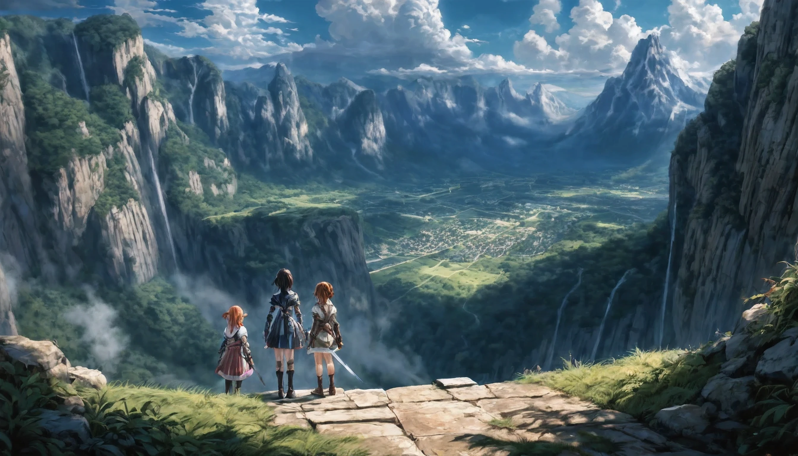 masterpiece, best quality, ultra-detailed, illustration, 2girls,fantasy, RPG, heroine, outdoors, epic, dramatic, dynamic, magic, shadow, impact, realism, naturalistic, video game culture, anime, manga, Japanese, RPG tropes, character design, animation, special effects, composition, scale, high ground, background, perspective, light, light shafts, sunrays, color, texture, detail, beauty, wonder, cinemascope, scenery, panorama, aerial view, mountain 