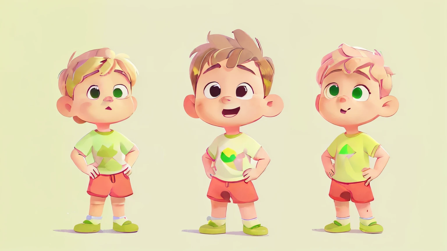 a cute , name Alexandre Shida, fat, 10 year olds, pink cheeks, short blonde hair, green eyes, wearing a light green t-shirt, red shorts, red shoes, multiples poses and faces, in the style of simple child story book cartoonist illustration
