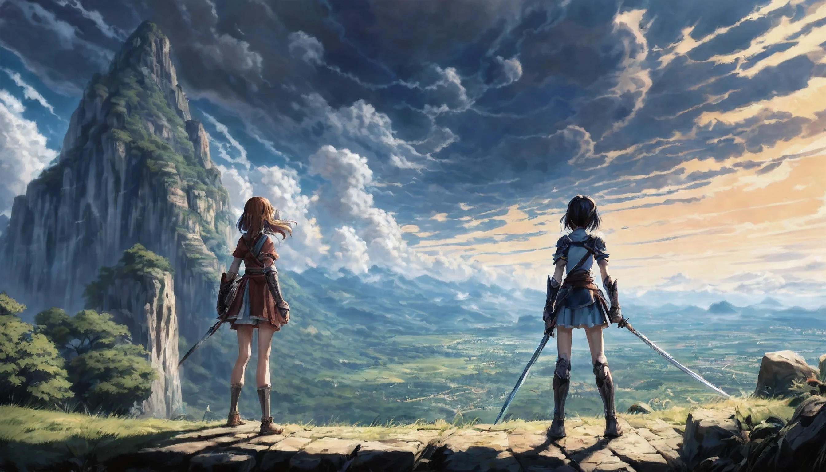 masterpiece, best quality, ultra-detailed, illustration, 2girls,fantasy, RPG, heroine, outdoors, epic, dramatic, dynamic, magic, shadow, impact, realism, naturalistic, video game culture, anime, manga, Japanese, RPG tropes, character design, animation, special effects, composition, scale, high ground, background, perspective, light, light shafts, sunrays, color, texture, detail, beauty, wonder, cinemascope, scenery, panorama, aerial view, mountain 