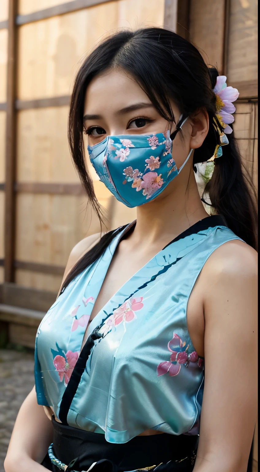 最high quality、high quality、best image quality、8K、最High resolution、High resolution、最high quality、masterpiece、RAW photo、realistic atmosphere、(detailed face)、(fine hands、thumb1reference4)、(beauty of japan )、very nice face、cute face、((beautiful japanese girl))、(japanese woman), ((18 year old beautiful girl))、(glossy black hair)、(straight long hair)、(ponytail)、whole body、slim style、(shiny skin)、(Fair skin, Glossy skin)、real human skin、realistic human body structure、perfect body, perfect face, perfect hands, perfect fingers, perfect lips, perfect eyes,perfect teeth、perfect background, perfect atmosphere, natural soft light、photon mapping、Ainu folk costume、((girl with sword in both hands))、Japanese sword、japanese traditional、(kunoichi kimono)、all ninja、A girl inspired by Naruto、((A girl holding a sharp sword in both hands))、In front of an old Japanese house、((sheer transparent black color metallic(Short kimono to the waist with floral pattern、Sleeveless kimono with floral pattern、String loincloth、mouth mask))、Dynamic pose with combat in mind