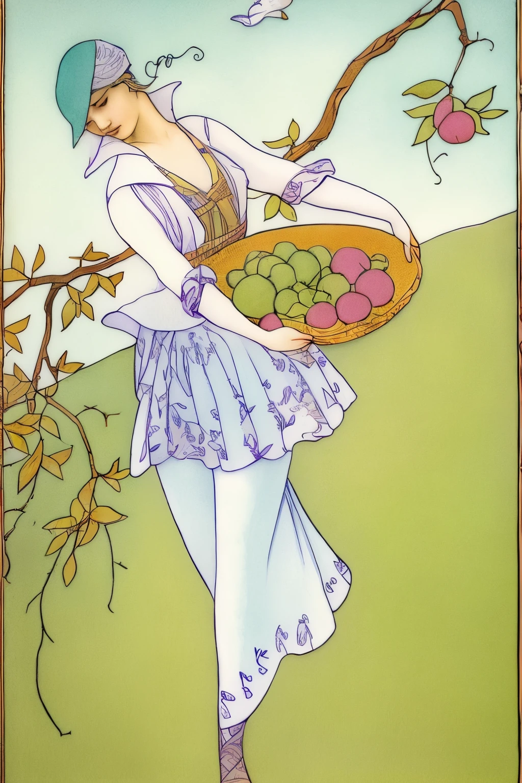 there is a woman carrying a basket of fruits in a field, inspired by Eugène Grasset, florence harrison, inspirado em Elsa Beskow, inspirado em Gerda Wegener, inspirado em Elizabeth Shippen Green, A Deusa da Colheita de Outono, Eugene Grasset, Direction: Clara Weaver Parrish, inspirado em Walter Crane, Arte ilustrativa de 1900