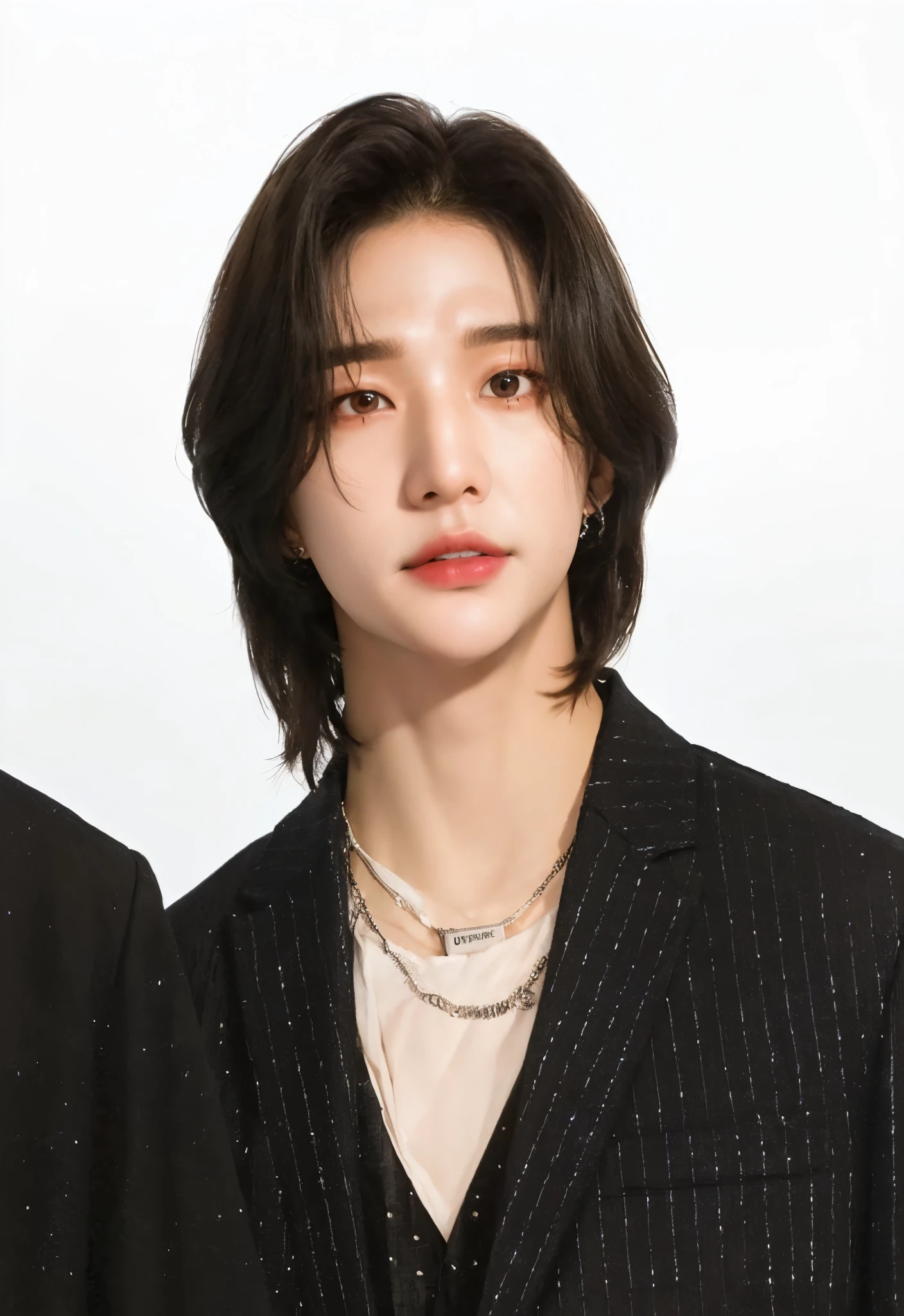 um close up de uma pessoa vestindo uma camisa preta e um colar, Hwang Hyunjin, hyun jin, Retrato de Hyunjin do Stray Kids, taken at the beginning of 2020, inspirado em Hyunjin do Stray Kids