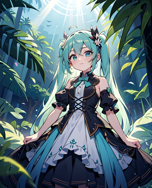 Dentro de una cueva oscura con una abertura en la parte superior, Overhead lighting, Plantas brillantes que iluminan suavemente los alrededores con un tono verde, muslos gruesos, Caderas anchas, mujer madura, (Dramatic light:1.3),
mujer, Hatsune Miku, Solo, vestido, flor, pelo largo, white vestido, dos colas, very pelo largo, dove