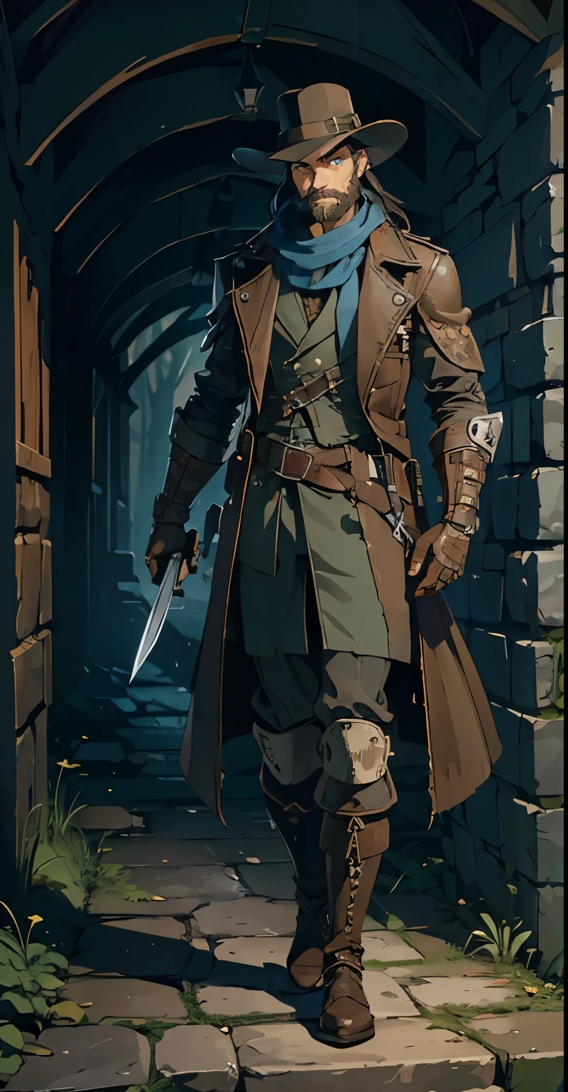 Masterpiece, best quality, (forest), isolated (old cultist ruins), steampunk, 1_man, handsome, full body, looking away from camera, intrigued expression, (smirk on face), black hair, medium hair length, blue eyes, scruffy beard, wearing leather body armor, dark brown trench coat, black wide-brimmed hat, black gloves, one robotic arm, holding knife, blue bandit scarf around neck, knee pads, tall leather boots, gears, belts, big knife, long sword blade,