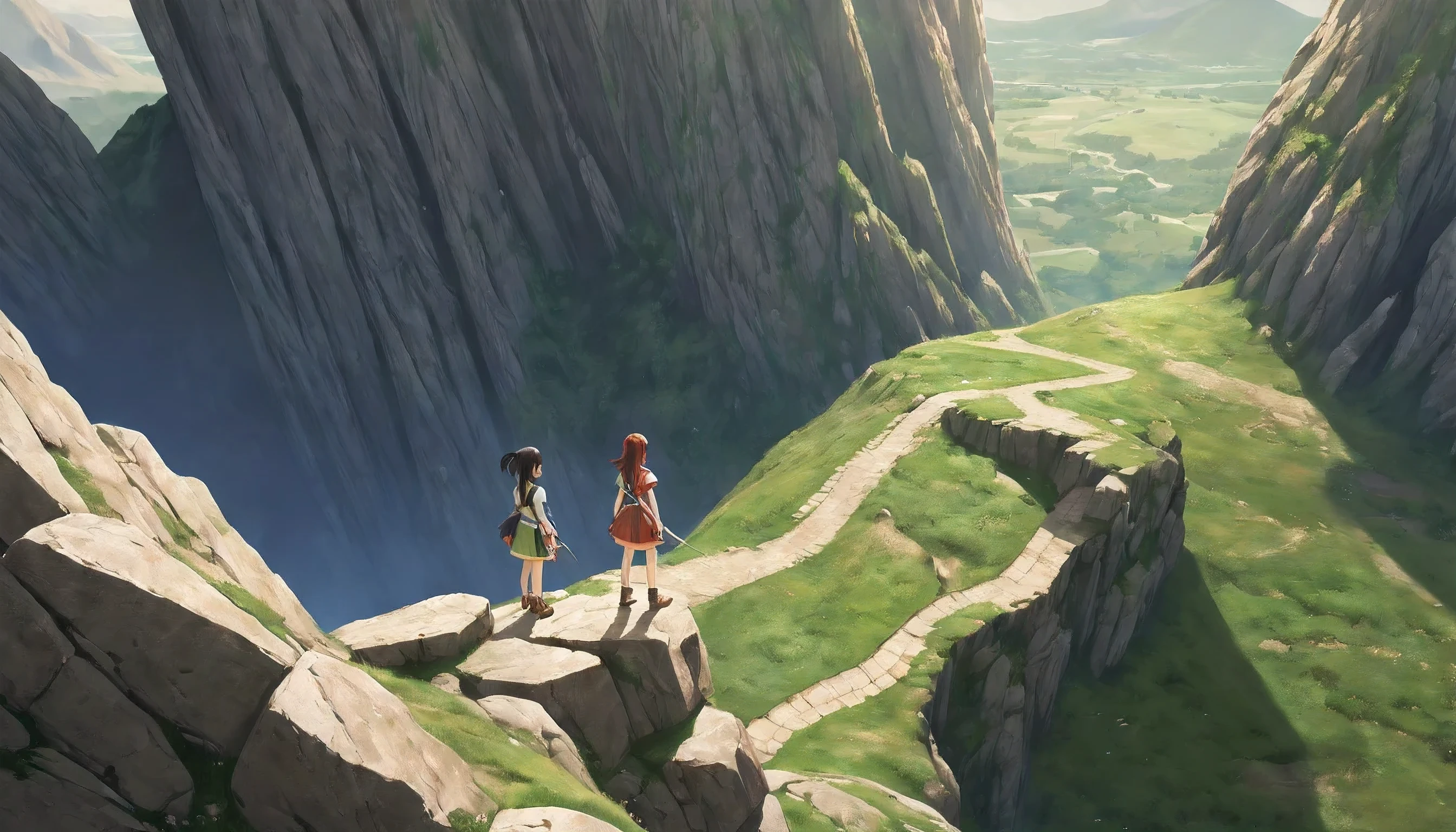 masterpiece, best quality, ultra-detailed, illustration, 2girls,fantasy, RPG, heroine, outdoors, epic, dramatic, dynamic, magic, shadow, impact, realism, naturalistic, video game culture, anime, manga, Japanese, RPG tropes, character design, animation, special effects, composition, scale, high ground, background, perspective, light, light shafts, sunrays, color, texture, detail, beauty, wonder, cinemascope, scenery, panorama, aerial view, mountain 