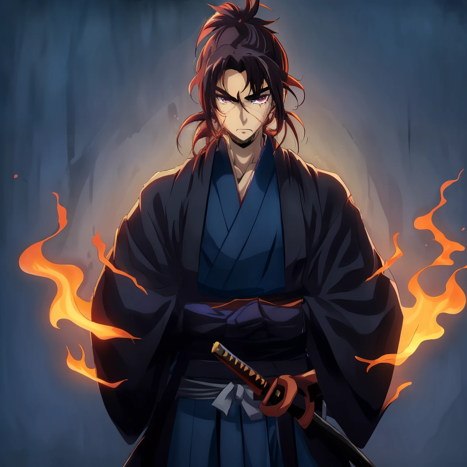 samurai x anime closed blue kimono, dark hakama, tiny beard, samurai, with samurai ponytail, and with full black leather formal gloves, flames