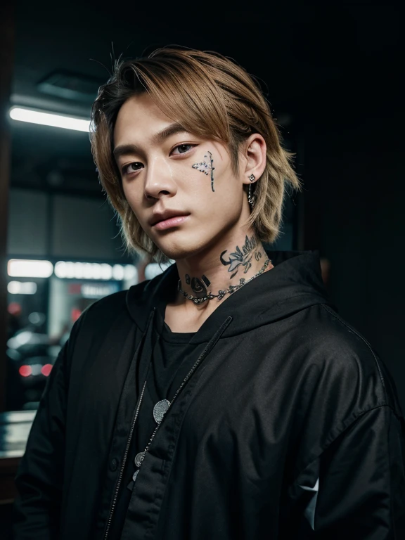 Lee know from stray kids, Korean face, Korean eyes, neck tattoos, blonde hair and black clothes, dark vibes, Korean aesthetic, male, Koreanboy, K-pop