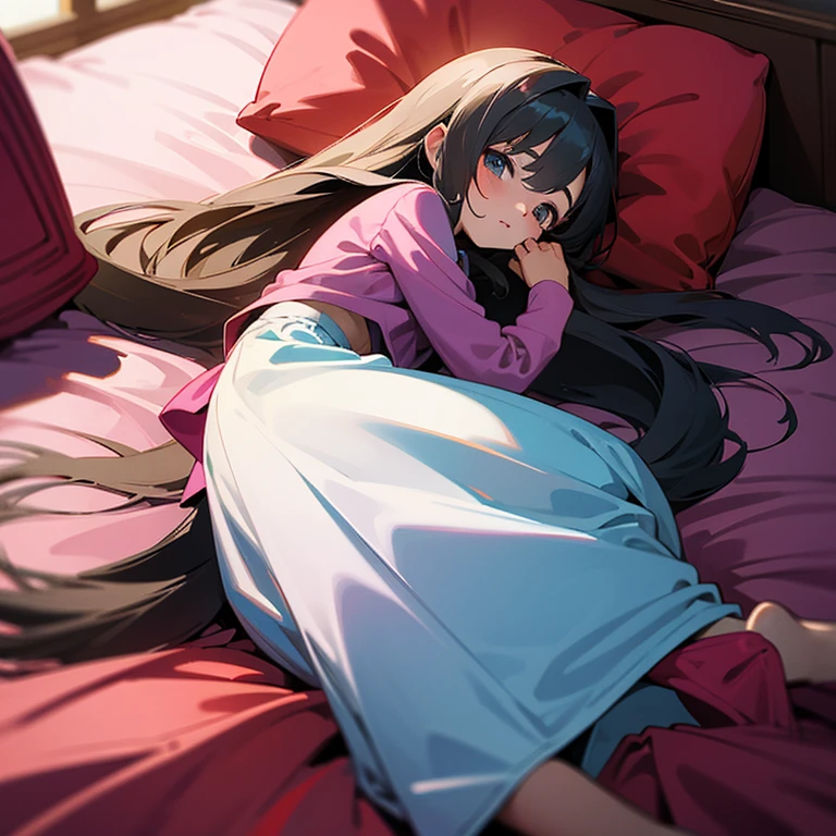 {7 year old girl}{Bed}{Touching the crotch}{{long hair}}