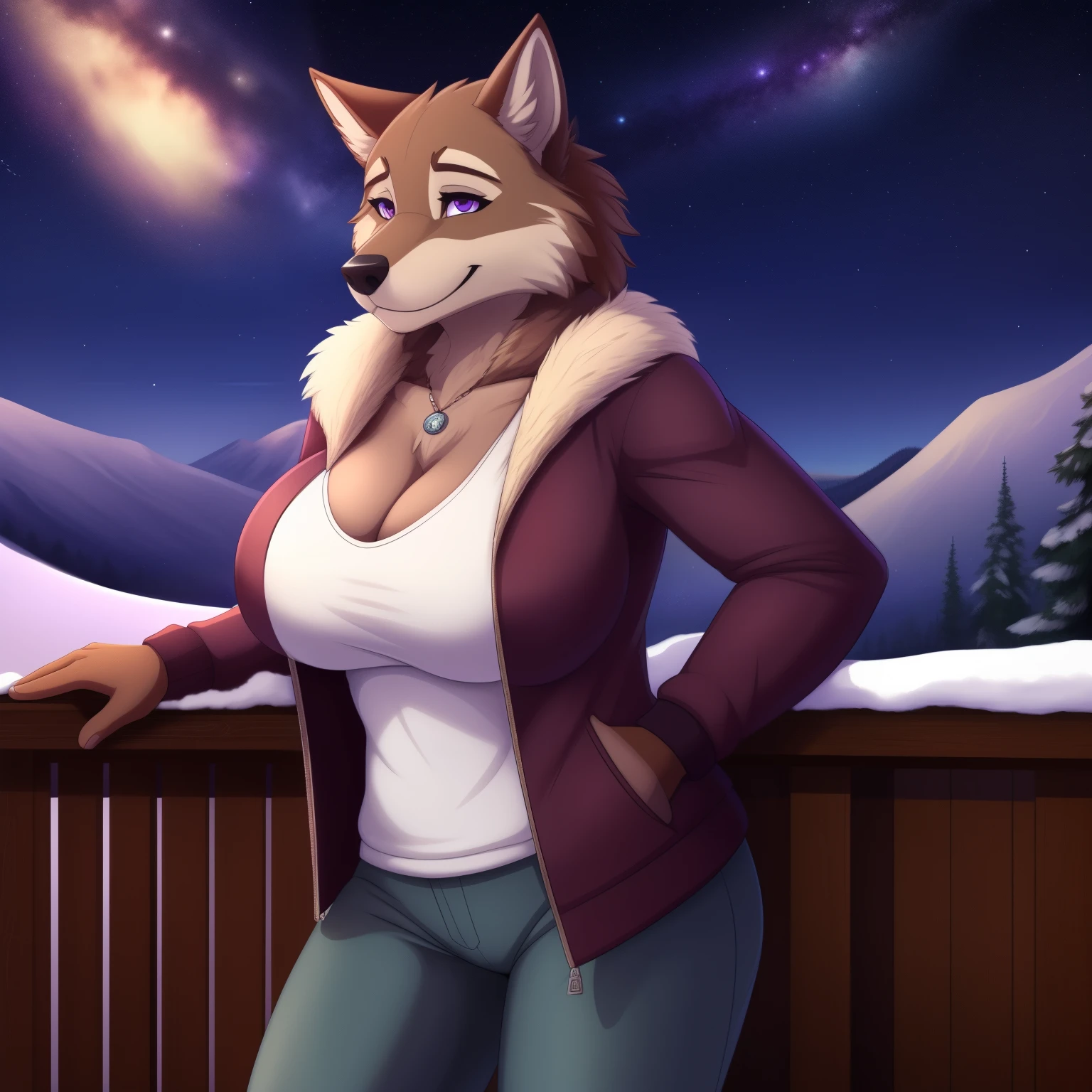 Athletic_Mature_timberwolf female brown_furry_body purple_eyes milf very_fluffy large_breasts fur_trimmed_jacket undershirt pants solo Masterpiece best_quality absurdres highly_detailed cleanly_drawn_eyes anthro_only embarrassed_smile by_jezzlen back_porch starry_sky snowy_landscape