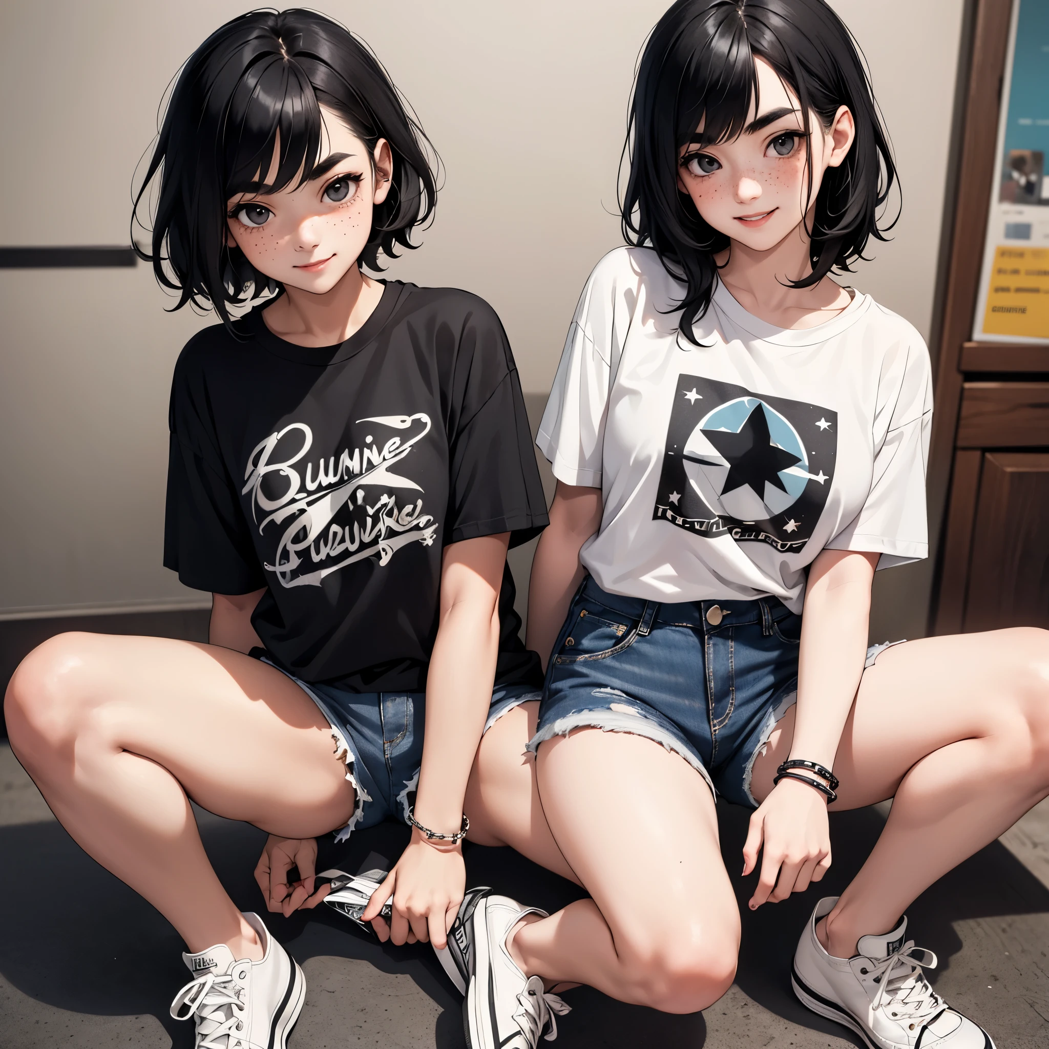 ((One Girl)), slightly emo, pale skin, slightly rosy cheeks, freckles, wavy black hair, side-swept bangs, tomboy, slightly thick eyebrows, black eyes, ((aquiline nose)), smiling, t-shirt, denim shorts, converse sneakers, bracelets
