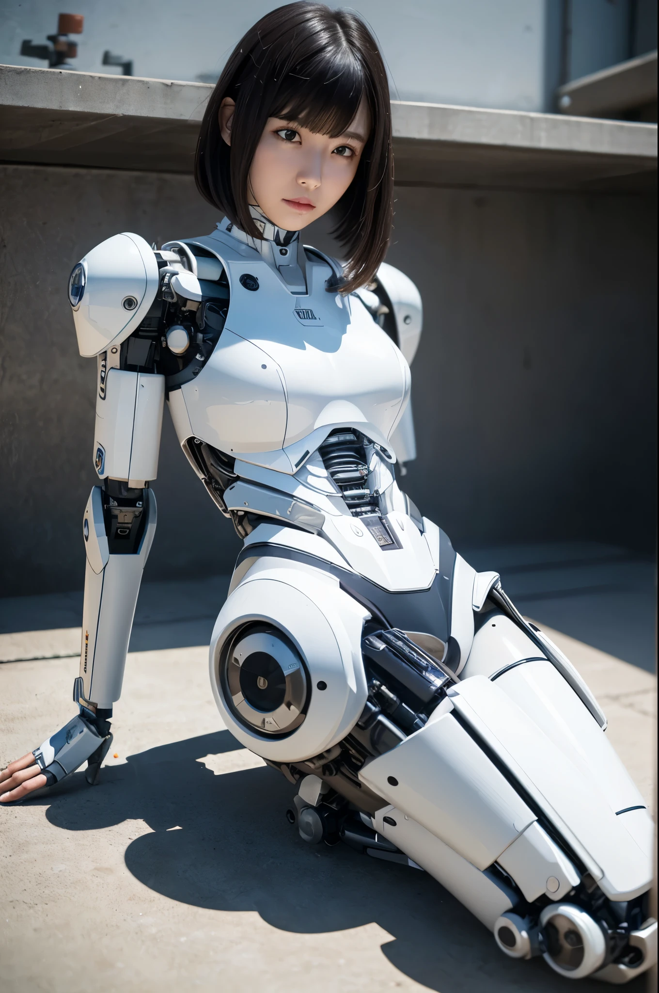 best quality, masterpiece, (photorealistic:1.4), 1woman, Japaese Cyborg Woman ,Plump , White boots,announcer,control panels,android,Droid,Mechanical Hand, clothes with a sense of mechanical technology, Robot arms and legs, Black Robot Parts,Black hair,Mechanical body,rompers,Blunt bangs,White abdomen,White robotics parts,perfect robot woman,ceramic body,sleep mode,laying on a floor,fell to the floor,full eyes