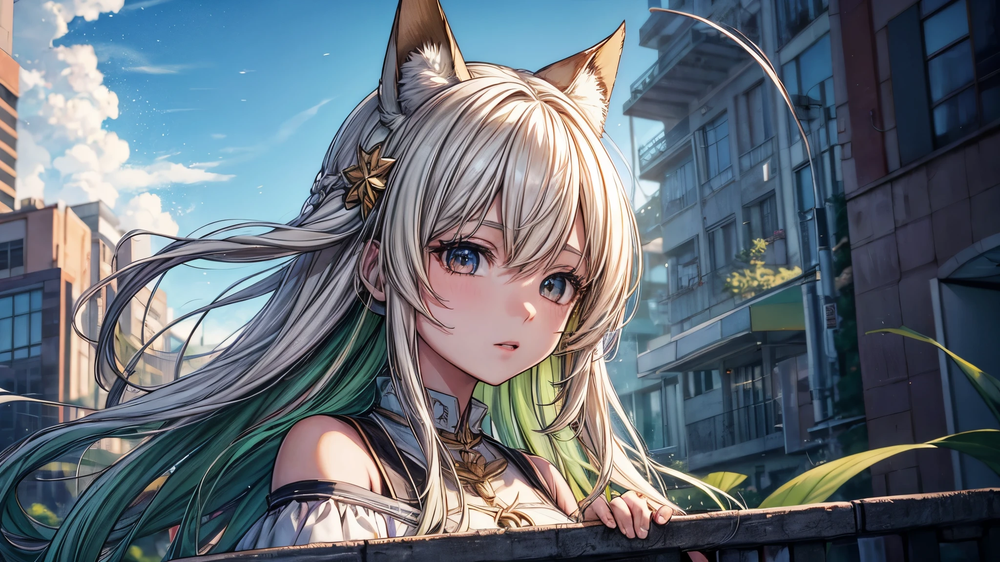 Chica anime con largo cabello blanco y ojos verdes parada en una ciudad del cielo., arte de anime digital detallado, estilo anime 4k, hermoso retrato animado, retrato,  girl, fondo de pantalla de arte anime 4k, Fondo de pantalla de arte animado 4K, chica anime con pelo blanco largo, Arte detallado de alta calidad 8K, fondo de pantalla de arte anime 8k, princesa de pelo blanco, arte de anime detallado
