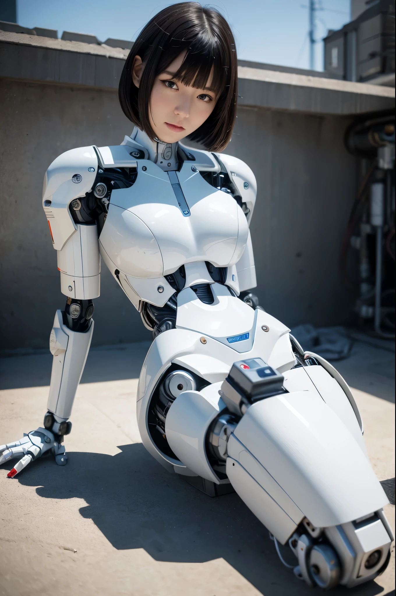 best quality, masterpiece, (photorealistic:1.4), 1woman, Japaese Cyborg Woman ,Plump , White boots,announcer,control panels,android,Droid,Mechanical Hand, clothes with a sense of mechanical technology, Robot arms and legs, Black Robot Parts,Black hair,Mechanical body,rompers,Blunt bangs,White abdomen,White robotics parts,perfect robot woman,ceramic body,sleep mode,laying on a floor,fell to the floor,full eyes