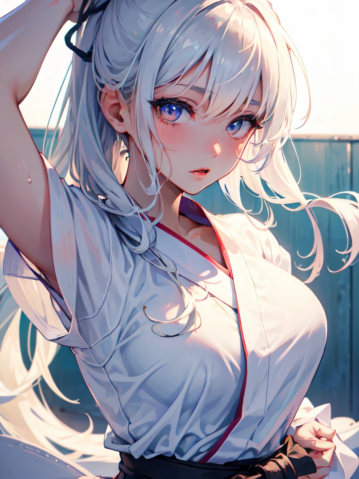 high quality,hd,16k,1girl,female judo athlete,white kimono ,cute face, large breasts, slender body, delicate body,nice legs, sweat,light clothing, in judo venue,focus girl,detailed beautiful face,detailed clothes,beautiful eyes,pretty smile,dynamic angle