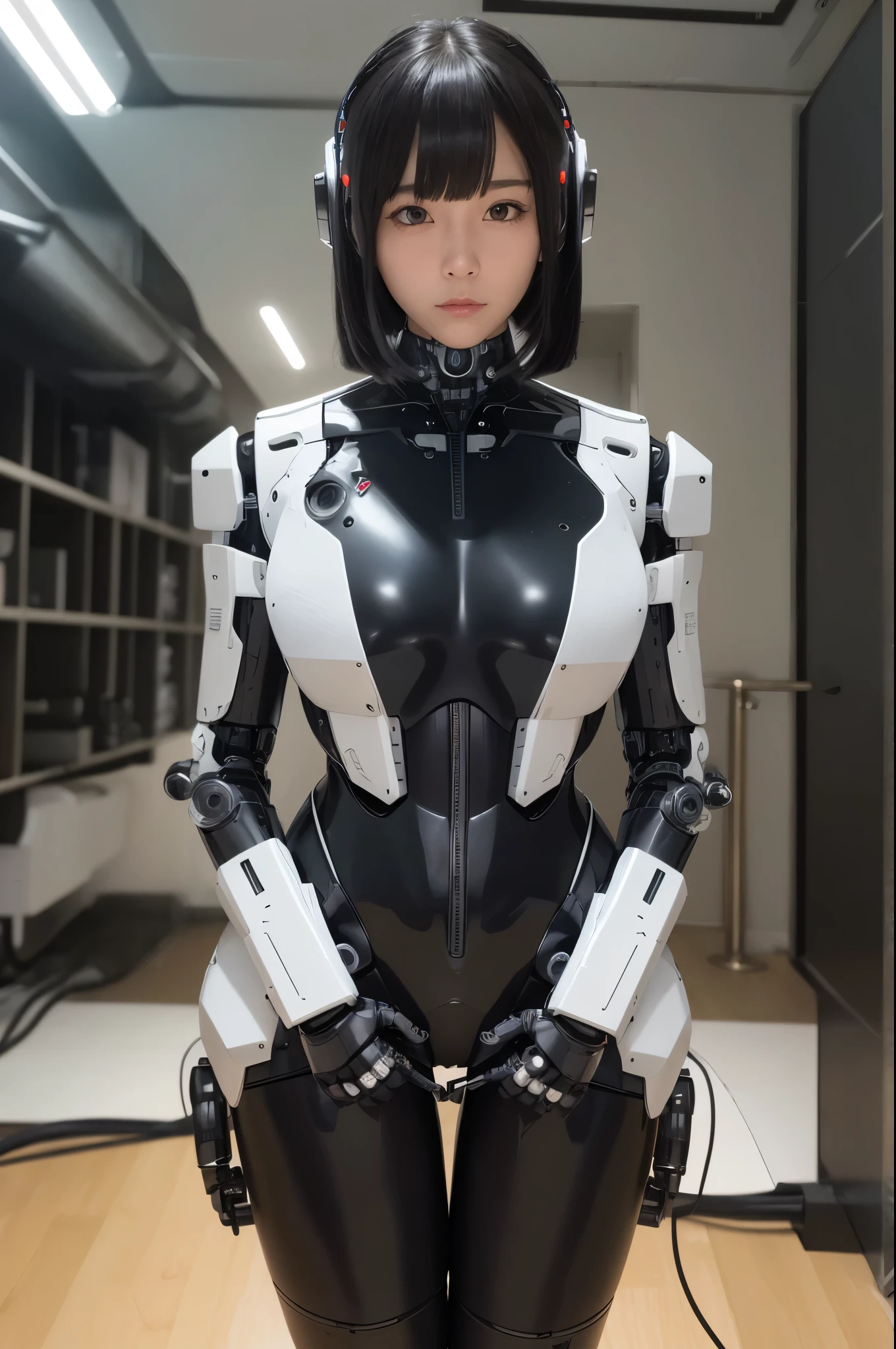 masterpiece, best quality, extremely detailed, (8K, 4K, Best Quality, hight resolution, 超A high resolution:1.1), (masutepiece, Realistic, Photorealsitic:1.1),8k portrait, Japaese android Girl,Plump , announcer,control panels,android,Droid,Mechanical Hand, Robot arms and legs, Black Robot Parts,Black hair,Mechanical body,Blunt bangs,perfect mechanical abdomen,White robotics parts,perfect robot woman,future laboratory,cyber pank,charging spot,laboratory,long tube,thick cable connected her neck,ceramic body ,perfect mechanical body, white robot body,lod antenna,mechanical ear cover,android,robot humanoid,black sponge joints,The removable cover is in the groin,The connection port is in the groin,opened chest panel,access panel on the chest,opened breast panel,perfect mechanical breast,white machine body,white robot body,white ceramic breast,perfect plastic breast,She has repaired,assembly plant,miniskirt,black boots
