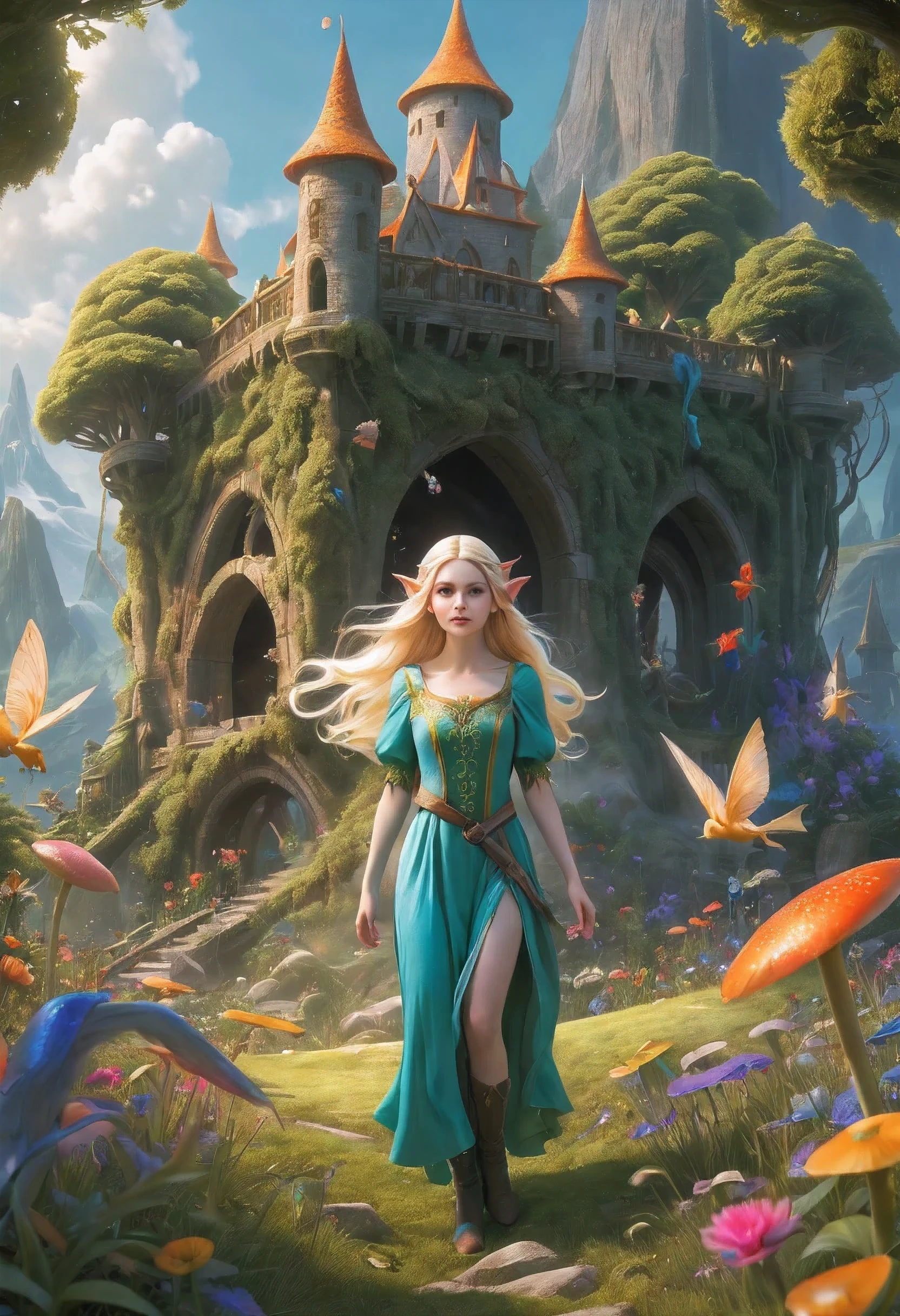 Create an enchanting and whimsical image of a eLEGANT elf girl with flowing blonde Hair, exploring the magical realm of Neverland. Picture her in a vibrant meadow surrounded by fantastical creatures, lost in this timeless and(( dreamlike world)). Capture the essence of innocence, fear, and the endless obstacles that unfold in the encasing landscapes of Neverland. | stunning detail, creative, cinematic, amazing composition, elegant, sad, fascinating, highly detailed, intricate, dynamic, beautiful, positive light, cute, engaging, new, enhanced,EpicLand,oil paint,6000, ruins,more detail XL,realistic
