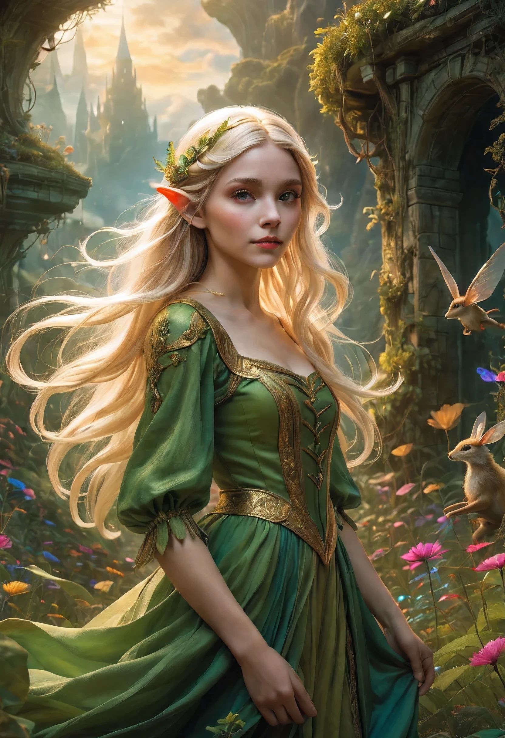 Create an enchanting and whimsical image of a eLEGANT elf girl with flowing blonde Hair, exploring the magical realm of Neverland. Picture her in a vibrant meadow surrounded by fantastical creatures, lost in this timeless and(( dreamlike world)). Capture the essence of innocence, fear, and the endless obstacles that unfold in the encasing landscapes of Neverland. | stunning detail, creative, cinematic, amazing composition, elegant, sad, fascinating, highly detailed, intricate, dynamic, beautiful, positive light, cute, engaging, new, enhanced,EpicLand,oil paint,6000, ruins,more detail XL,realistic
