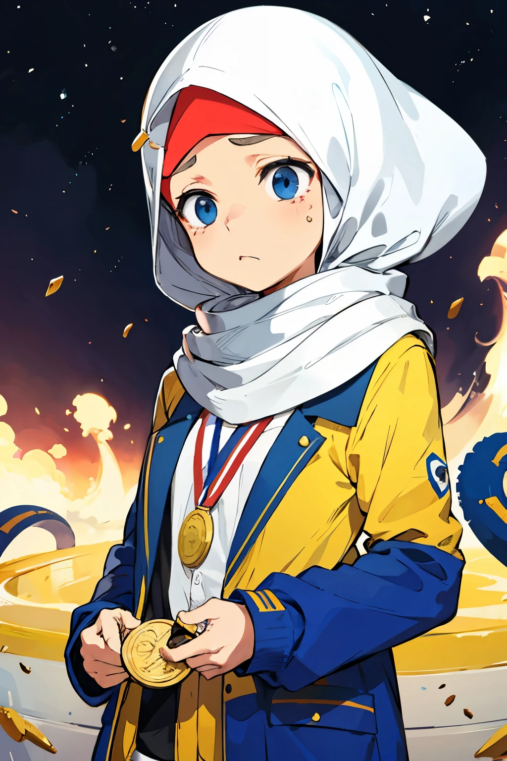 A sad girl whirring hijab, medalist, 