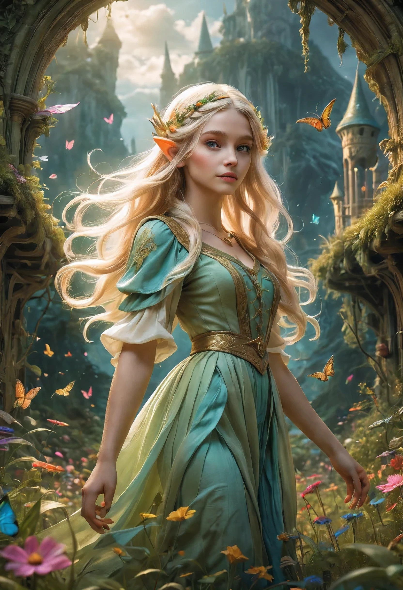 Create an enchanting and whimsical image of a eLEGANT elf girl with flowing blonde Hair, exploring the magical realm of Neverland. Picture her in a vibrant meadow surrounded by fantastical creatures, lost in this timeless and(( dreamlike world)). Capture the essence of innocence, fear, and the endless obstacles that unfold in the encasing landscapes of Neverland. | stunning detail, creative, cinematic, amazing composition, elegant, sad, fascinating, highly detailed, intricate, dynamic, beautiful, positive light, cute, engaging, new, enhanced,EpicLand,oil paint,6000, ruins,more detail XL,realistic