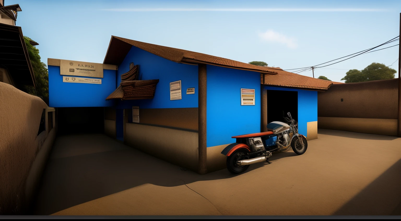 there is a motorcycle parked outside a building with a blue rope, parte frontal, front vista lateral, desk/thrift store/social hall, por Willian Murai, outvista lateral, centro de imagem, vista lateral, Do lado, visto de lado, vista externa, vista frontal, visto de fora, photo taken from behind, vista lateral from afar, por Samuel Silva