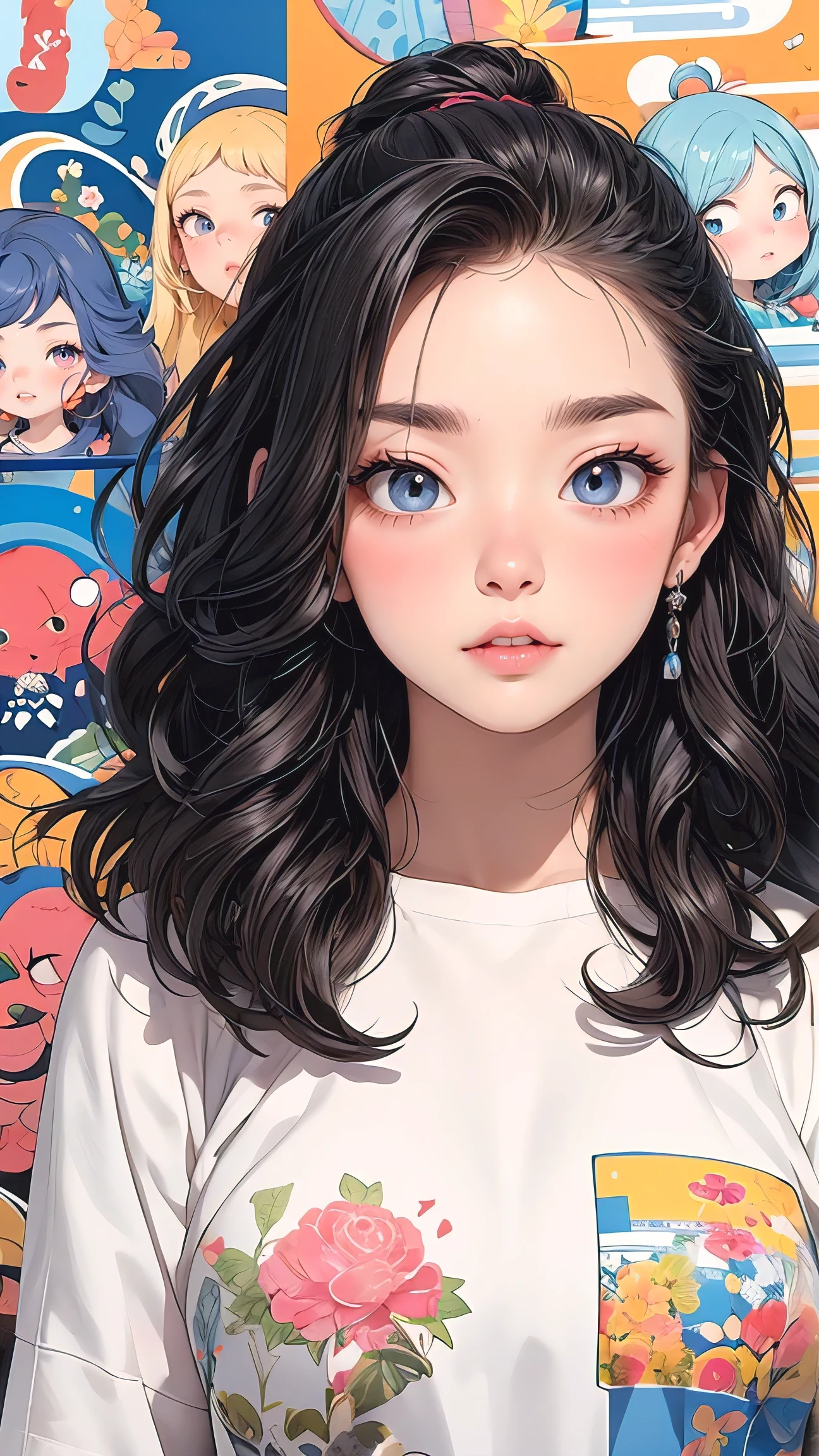 (masterpiece, best quality), beautiful woman, detailed printed cropped top, jeans, wavy hair, beautiful face, perfect face, big gorgeous eyes, parted lips, perfect slim fit body, seoul city garden, bright colors