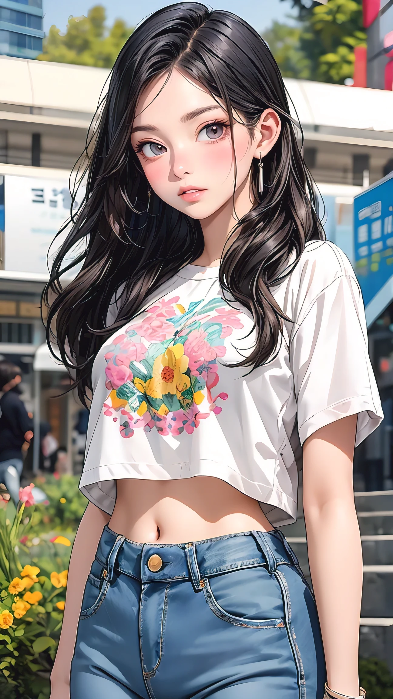 (masterpiece, best quality), beautiful woman, detailed printed cropped top, jeans, wavy hair, beautiful face, perfect face, big gorgeous eyes, parted lips, perfect slim fit body, seoul city garden, bright colors