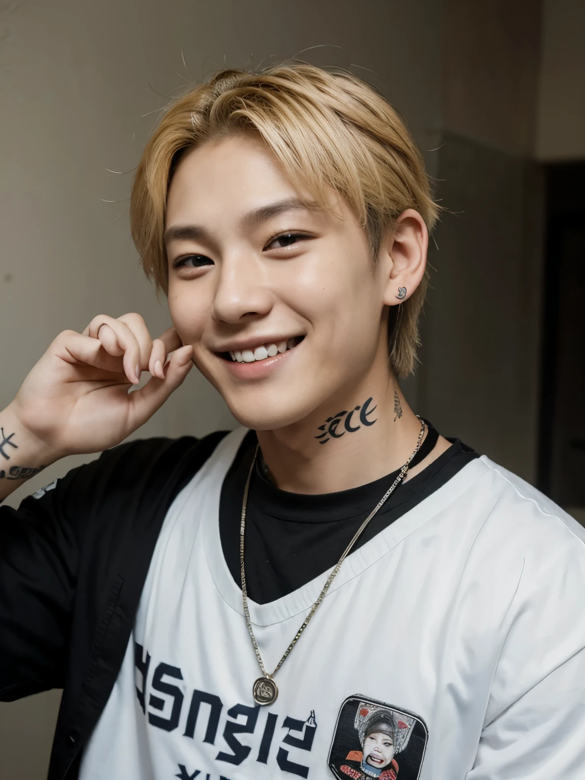 Blonde Korean boy with neck tattoos and smiling; straykids straykidsleeknow, Korean face, Korean vibes