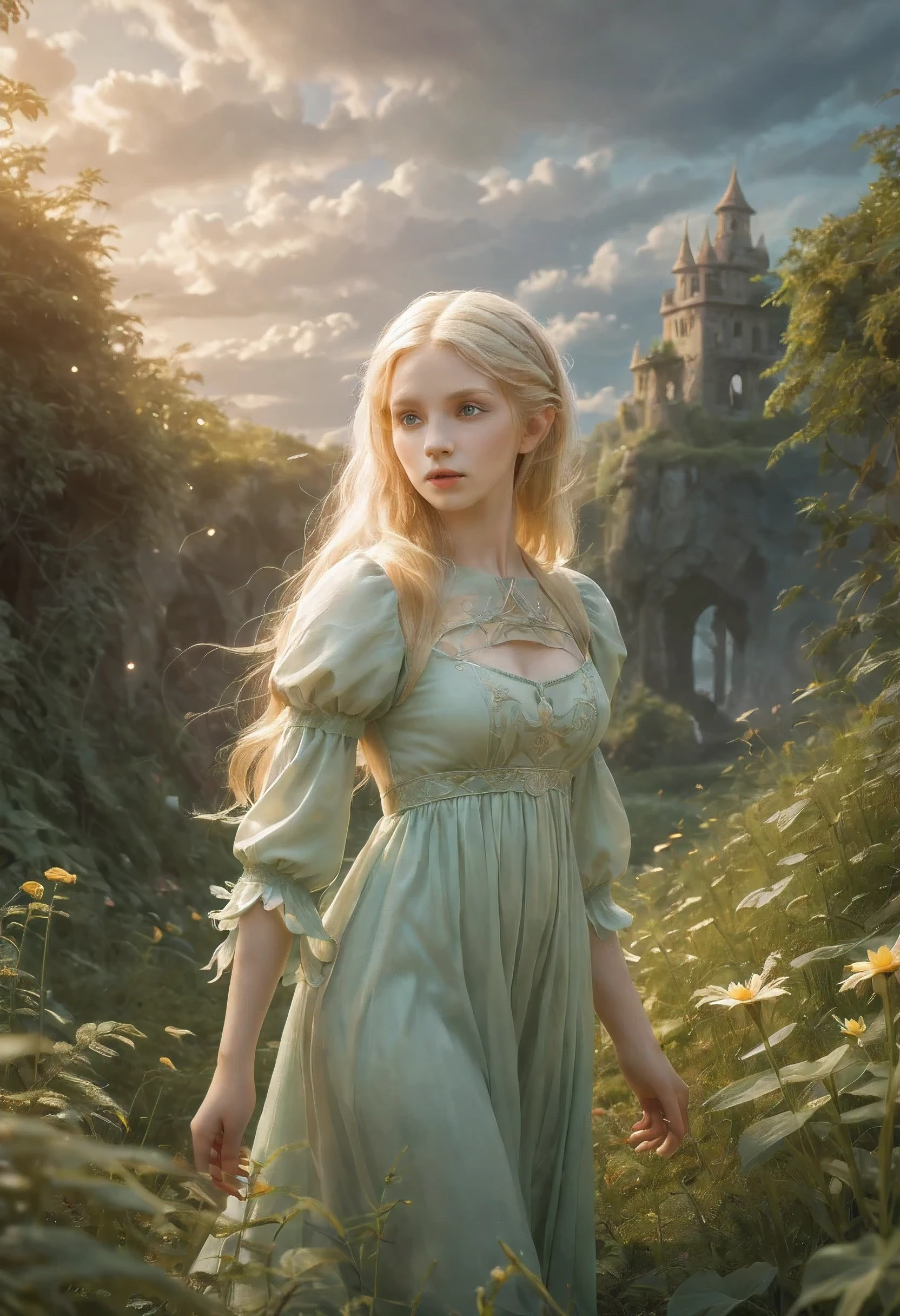 Create an enchanting and whimsical image of a eLEGANT elf girl with flowing blonde Hair, exploring the magical realm of Neverland. Picture her in a vibrant meadow surrounded by fantastical creatures, lost in this timeless and(( dreamlike world)). Capture the essence of innocence, fear, and the endless obstacles that unfold in the encasing landscapes of Neverland. | stunning detail, creative, cinematic, amazing composition, elegant, sad, fascinating, highly detailed, intricate, dynamic, beautiful, positive light, cute, engaging, new, enhanced,EpicLand,oil paint,6000, ruins,more detail XL,realistic,2b