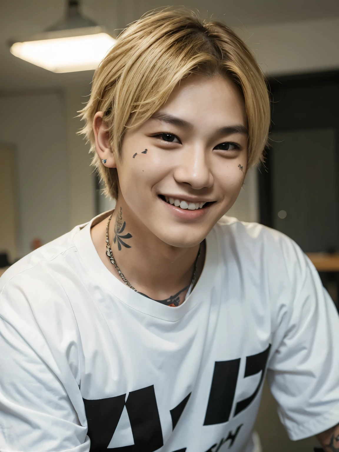 Blonde Korean boy with neck tattoos and smiling; straykids straykidsleeknow, Korean face, Korean vibes