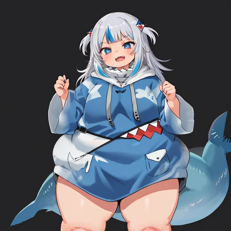 (2d, masterpiece, best quality, anime), highly detailed eyes, highly detailed face, (cowboy shot), chubby 1 girl, solo, standing, studio background, (black background), chubby gawr gura, obese gura, shark girl, tail, shark tail, sharp teeth, open mouth, white hair, multicolored hair, petite, blue hoodie, hair ornament, 