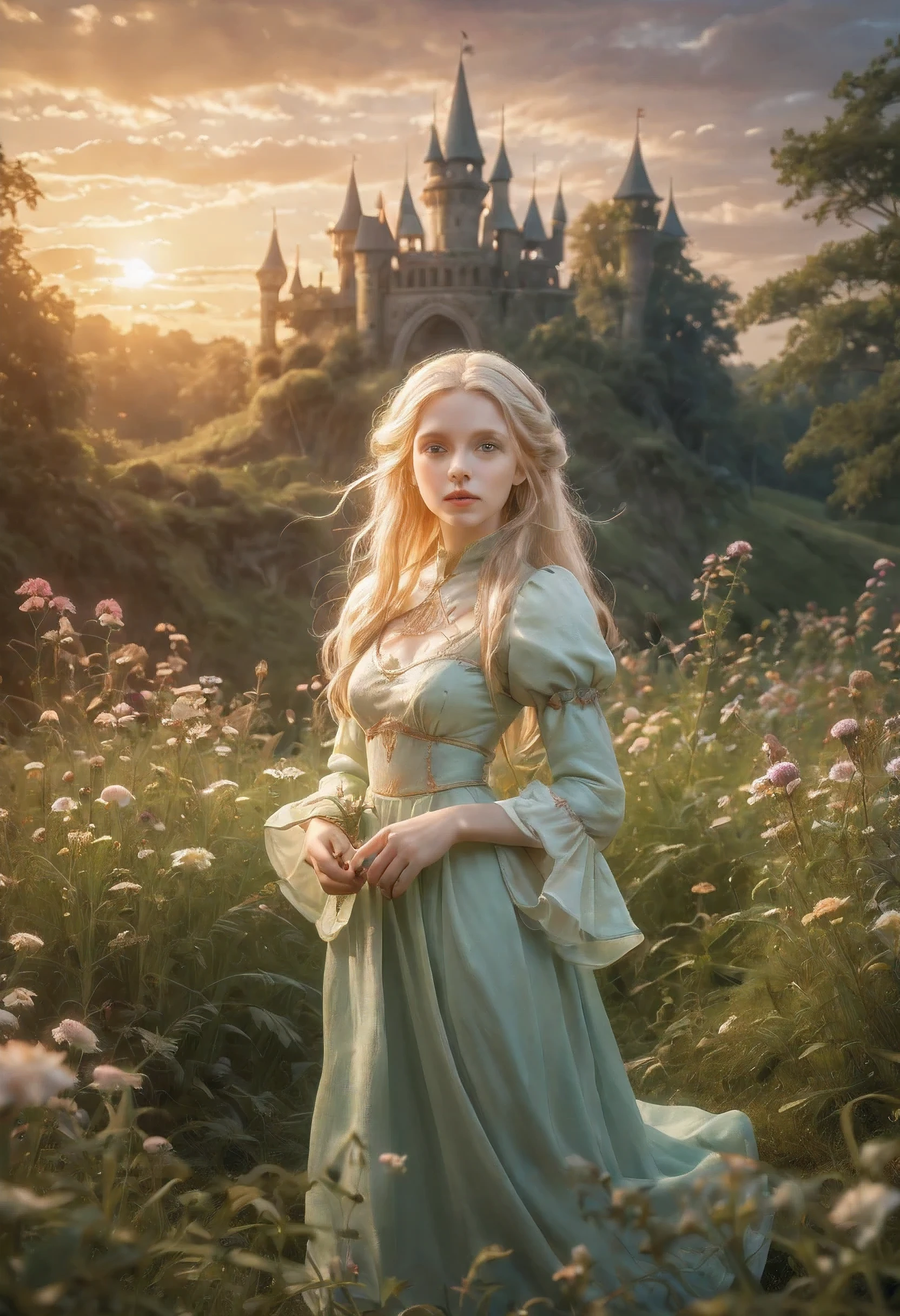 Create an enchanting and whimsical image of a eLEGANT elf girl with flowing blonde Hair, exploring the magical realm of Neverland. Picture her in a vibrant meadow surrounded by fantastical creatures, lost in this timeless and(( dreamlike world)). Capture the essence of innocence, fear, and the endless obstacles that unfold in the encasing landscapes of Neverland. | stunning detail, creative, cinematic, amazing composition, elegant, sad, fascinating, highly detailed, intricate, dynamic, beautiful, positive light, cute, engaging, new, enhanced,EpicLand,oil paint,6000, ruins,more detail XL,realistic,2b